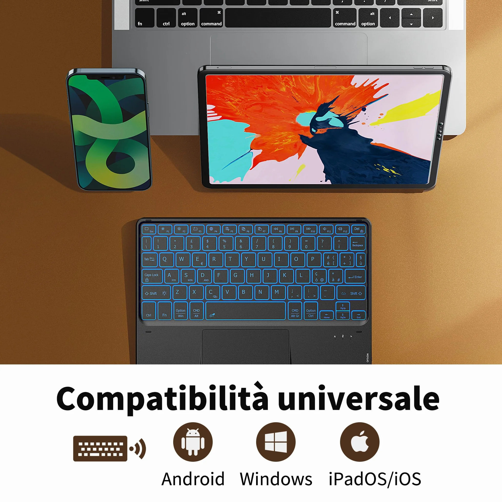 CACOE Tastiera Bluetooth Senza Fili Ultra Sottile con Multi Touch Integrato Touch Pad con Android IOS e Windows, 7 Colori Retroilluminate, Tastiera Senza Fili, Layout Italiano, Nera
