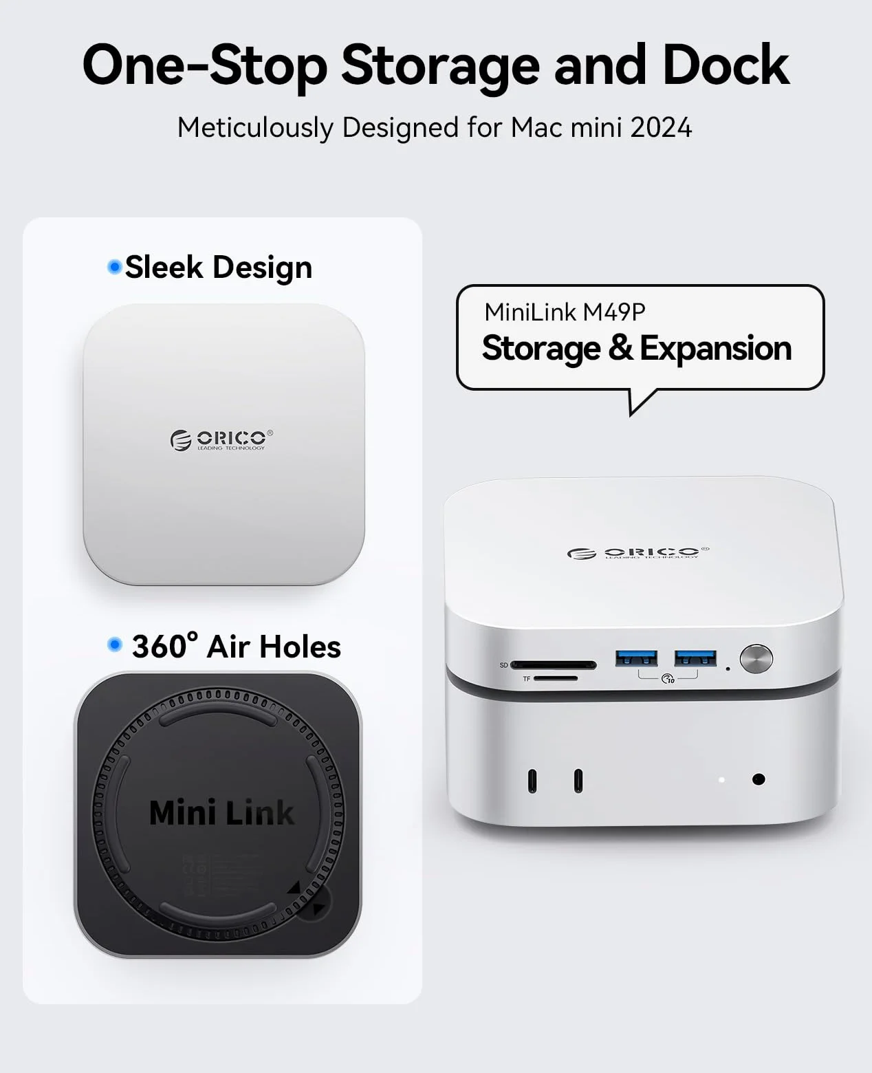 Dock e Supporto ORICO MiniLink per Mac mini M4, Hub USB C in Alluminio con Custodia SSD per M.2 NVMe/SATA, 2 porte USB 3.2 a 10Gbps, SD/TF 3.0, Dock Argento per Mac mini M4 / M4 Pro - M49P