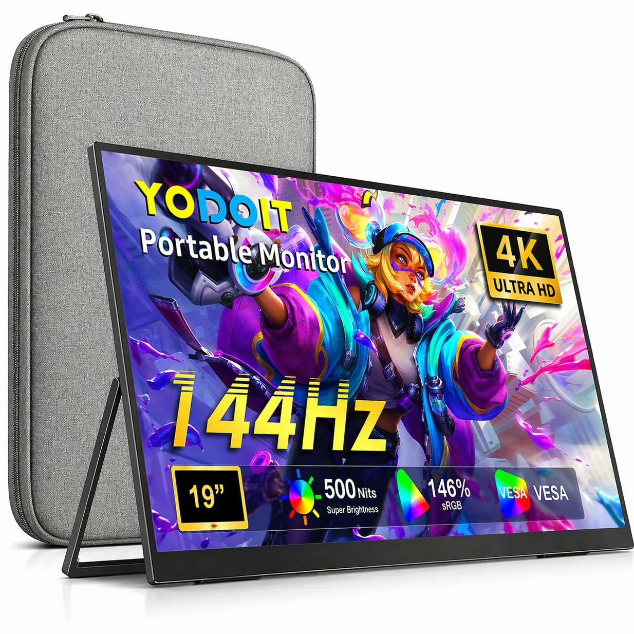 Yodoit Monitor portatile da 19" 4K a 144 Hz, UHD 3840x2160, IPS, secondo schermo esterno per laptop | Connettività USB-C e HDMI, altoparlanti integrati, con Smart Cover, per PC, Mac, PS3/4/5, Xbox