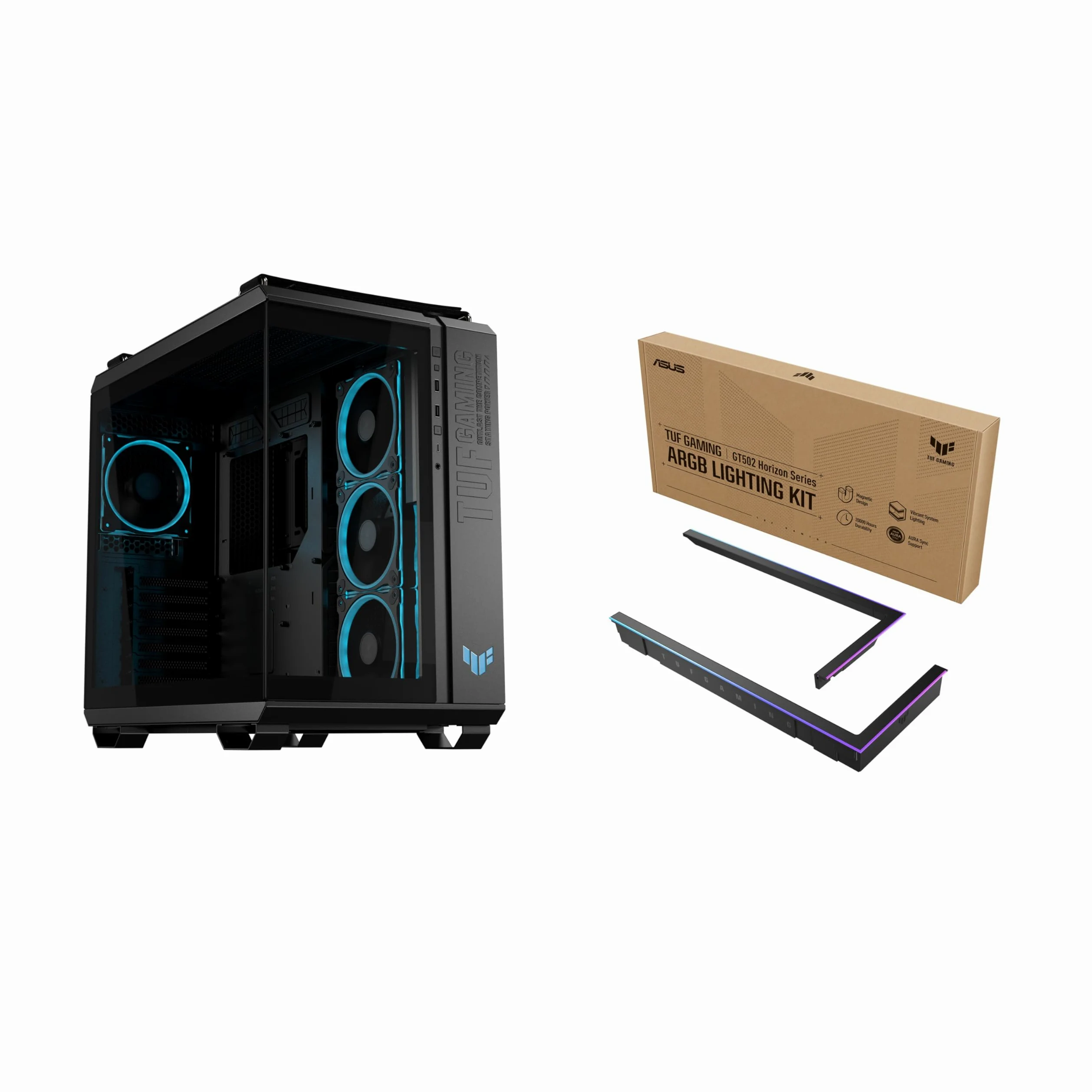 ASUS TUF GAMING GT502 HORIZON TG ARGB, Chassis a Doppia Camera con Design Panoramico e Pannello in Vetro + TUF GAMING GT502 HORIZON ARGB LIGHTING KIT, Kit di Illuminazione, Nero