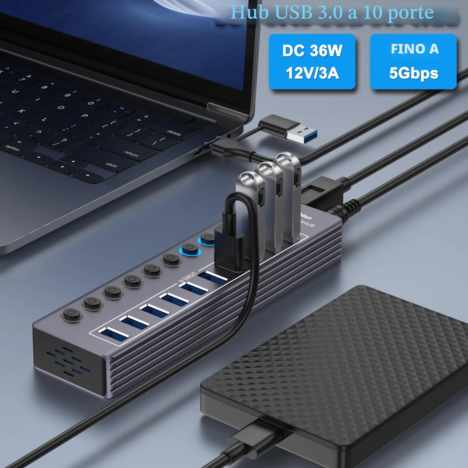 Hub USB 3.0 Alimentato, USB 3.0 / USB C a 10 Porte in Alluminio Trasmissione Dati 5Gbps, con Interruttore Indipendente LED, Adattatore di Alimentazione 12V/3A, 2-in-1 Cavo Dati(TCC-T310U)