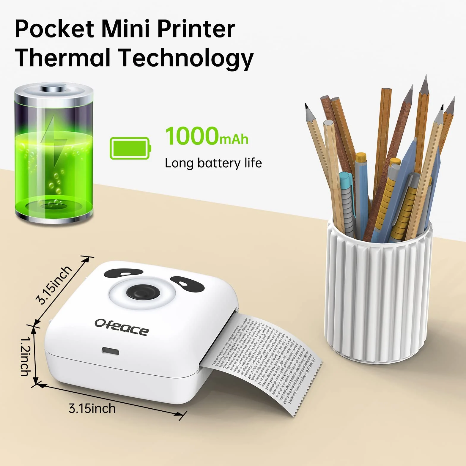 Stampante per foto portatile, mini stampante portatile, stampa termica, 300 dpi, connessione rapida 1 s, 1100 mAh, etichetta di ricevuta, nota, adesivo, codice QR, Android e iOS, Panda Design