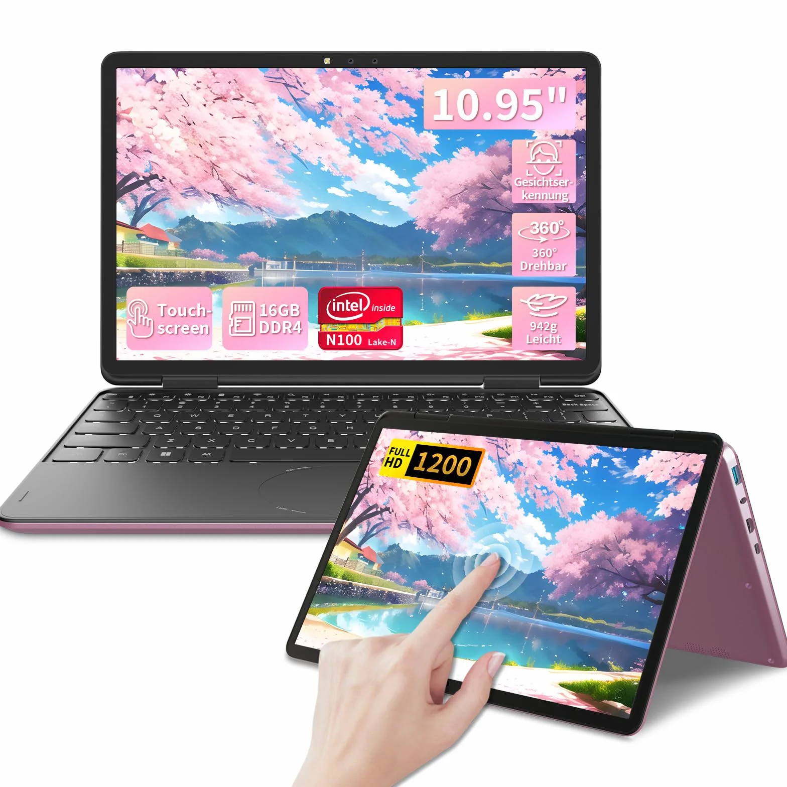 Mini Computer Portatile 2-in-1 10.95 Touchscreen Rotazione 360° Celeron N100 1920x1200 16GB DDR4 Tastiera Italiana BT5.0 Win11 Pro Notebook Rosa 16+512GB SSD