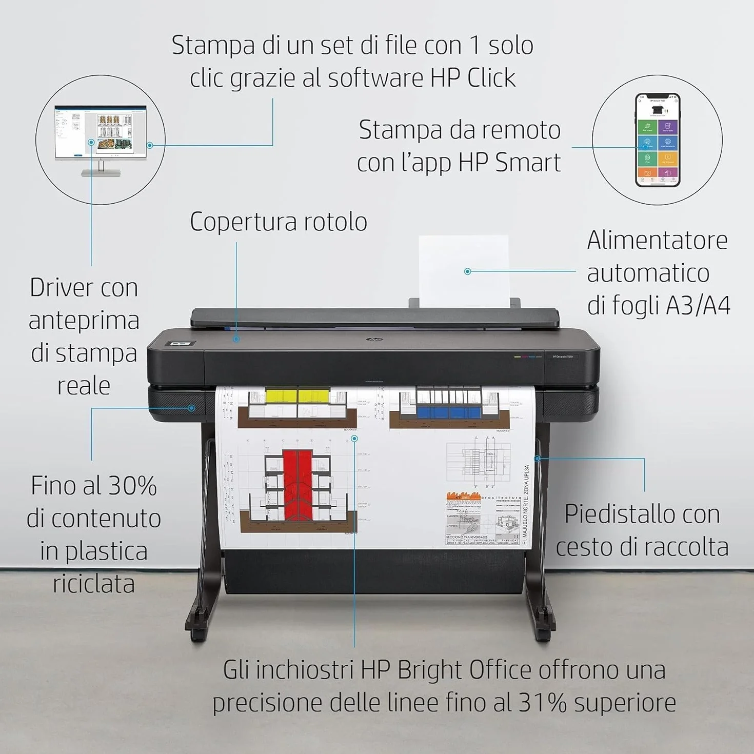 HP DesignJet T650 Stampante per Grandi Formati da 91 cm 5HB10A, Formati supportati da A4 ad A0, velocità 82 Pagine A1 all’Ora, Gigabit Ethernet, USB Hi-Speed 2.0, Wi-Fi, Garanzia 2 Anni, Nero
