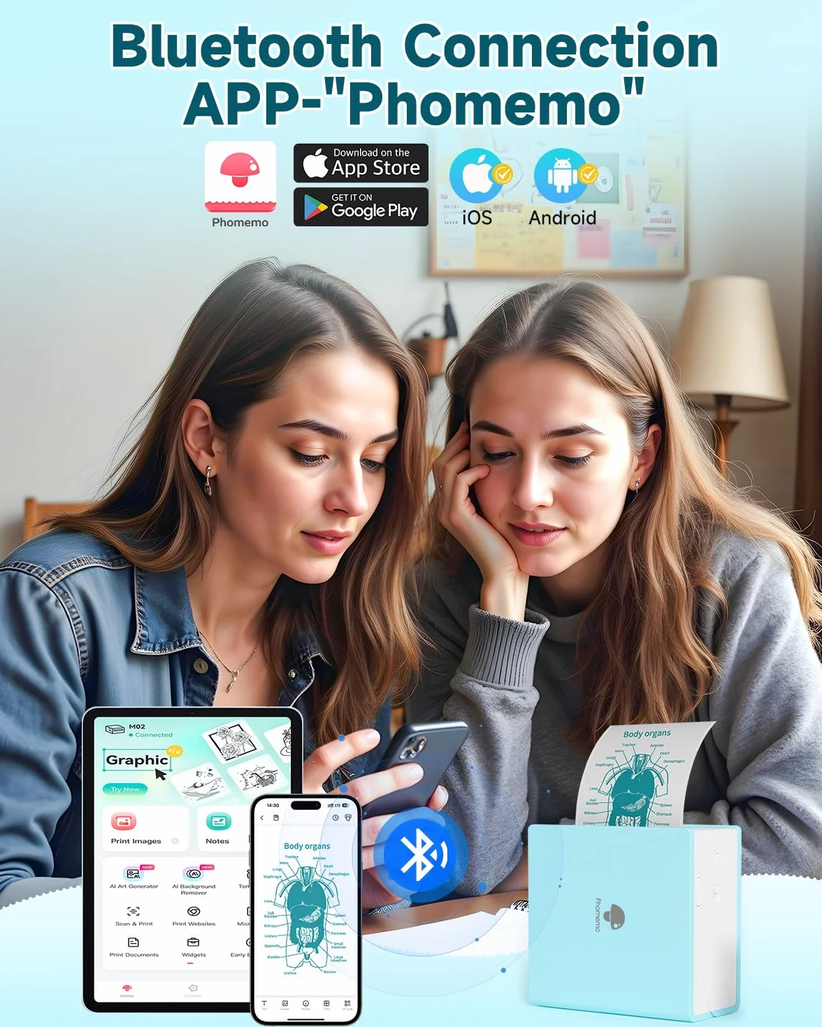 Phomemo Mini Stampante Portatile - M02 Stampa Etichette Adesive, Stampante Portatile per Smartphone, Stampante Fotografica Tascabile Con 3 Rotoli di Carta, Appunti di Studio, Diagrammi Anatomici, Foto