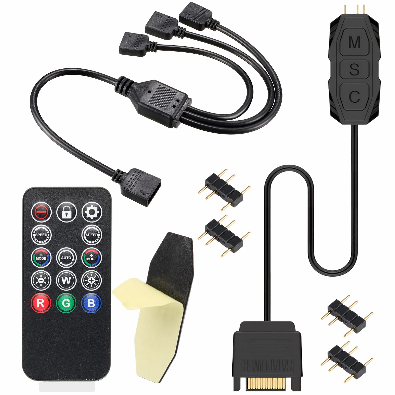 argb Controller con telecomando, controller da 5 V a 3 pin, alimentato da SATA, 14 chiavi per effetti di illuminazione RGB, adatto per ventole e strisce luminose, con cavo splitter da 1 a 3