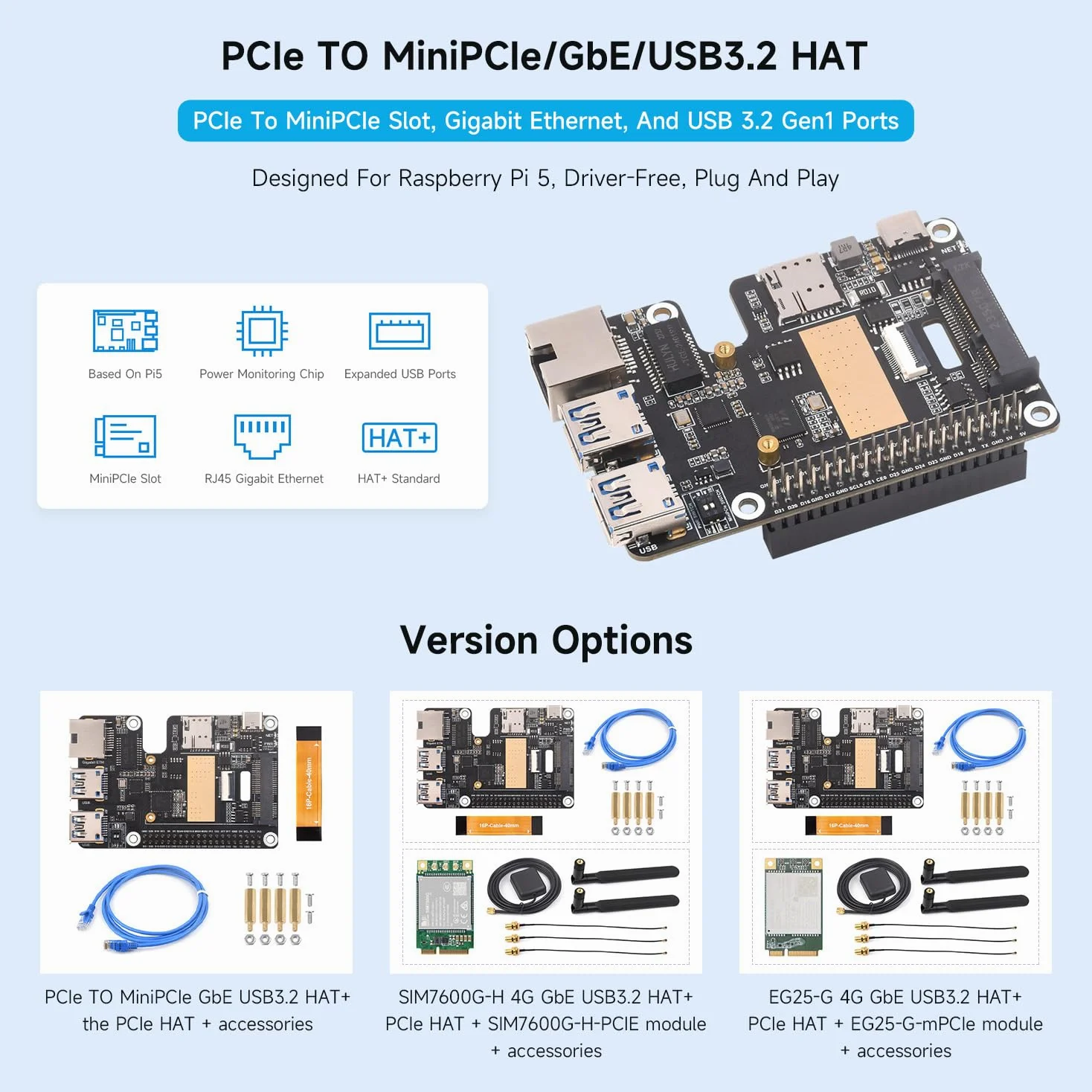 Waveshare PCIe to MiniPCIe/Gigabit Ethernet/USB 3.2 Gen1 HAT+ Compatible with Raspberry Pi 5, Supports Multiple OS and MiniPCIe interface 4G Module (with SIM7600G-H-PCIE),High-speed Networking