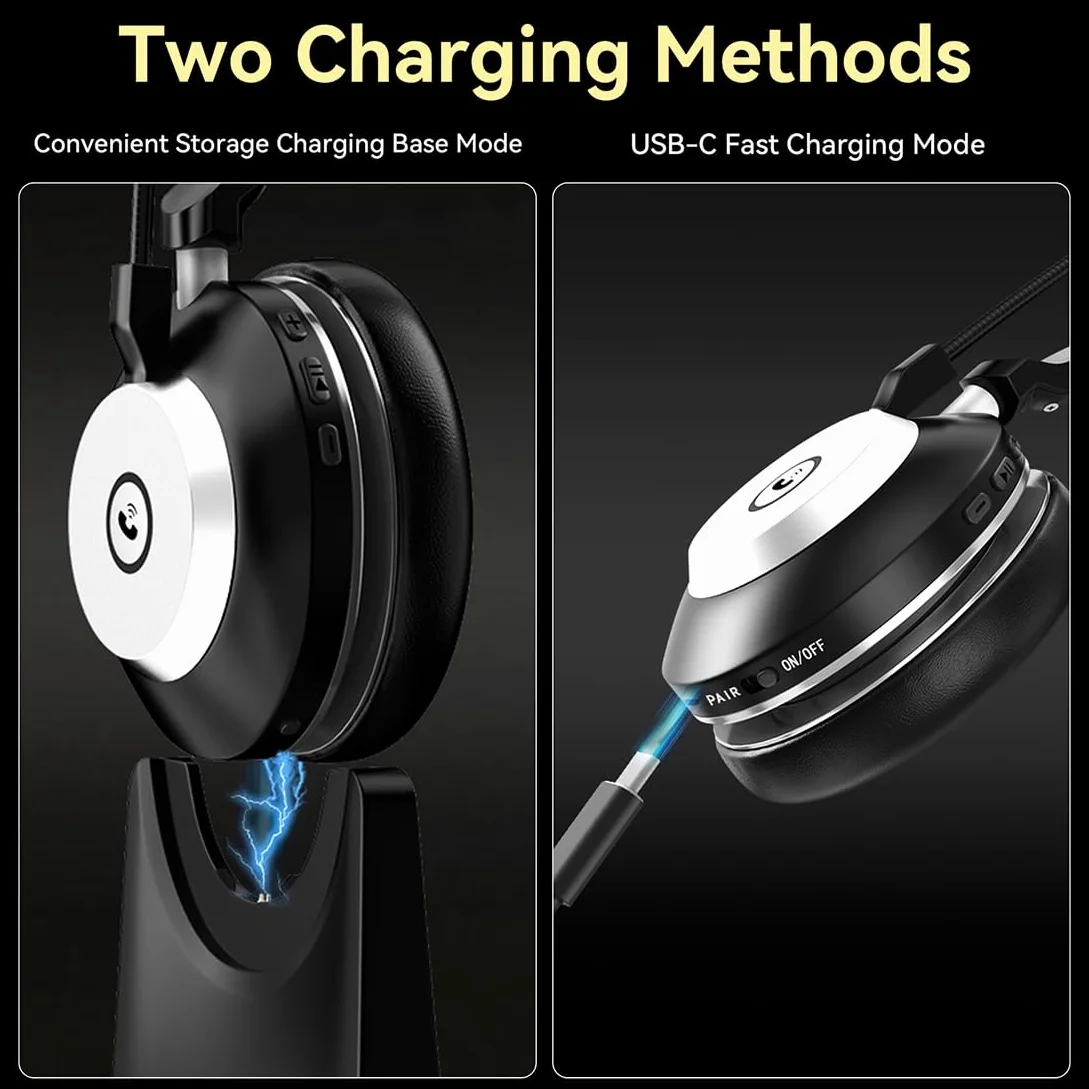 Wantek Cuffie Bluetooth V5.2 con microfono, cancellazione rumore, dongle USB, base ricarica, pulsante muto per PC e telefoni cellulari