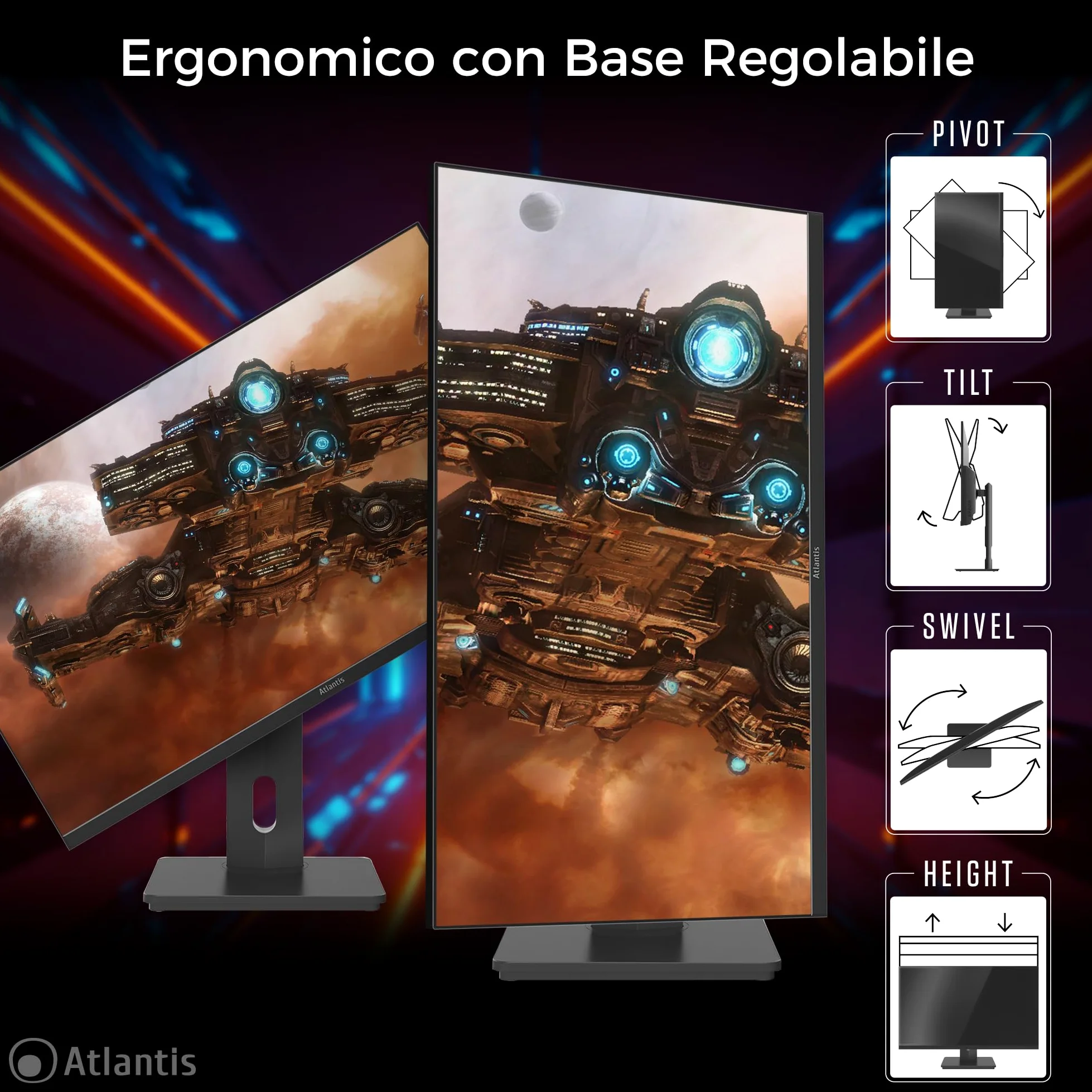 Atlantis Monitor 27 pollici Gaming 100Hz, schermo 27", Full HD 1920x1080, VGA HDMI e DP, MULTIMEDIALE,FreeSync,alzabile inclinabile, pivot risposta 5ms,Contrasto 1000:1,Angolo 178/178,Cavo HDMI e DP