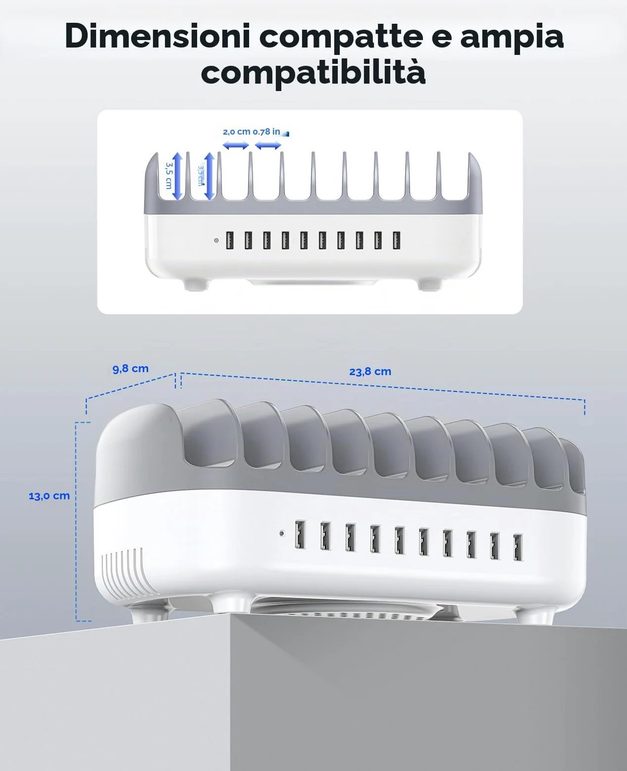 ORICO 120W Stazione di Ricarica Multi-Dispositivo, Versione Aggiornata 10 Porte USB con Ventola di Raffreddamento | Compatibile con iPhone, iPad, Smartphone Android e Tablet, Bianco
