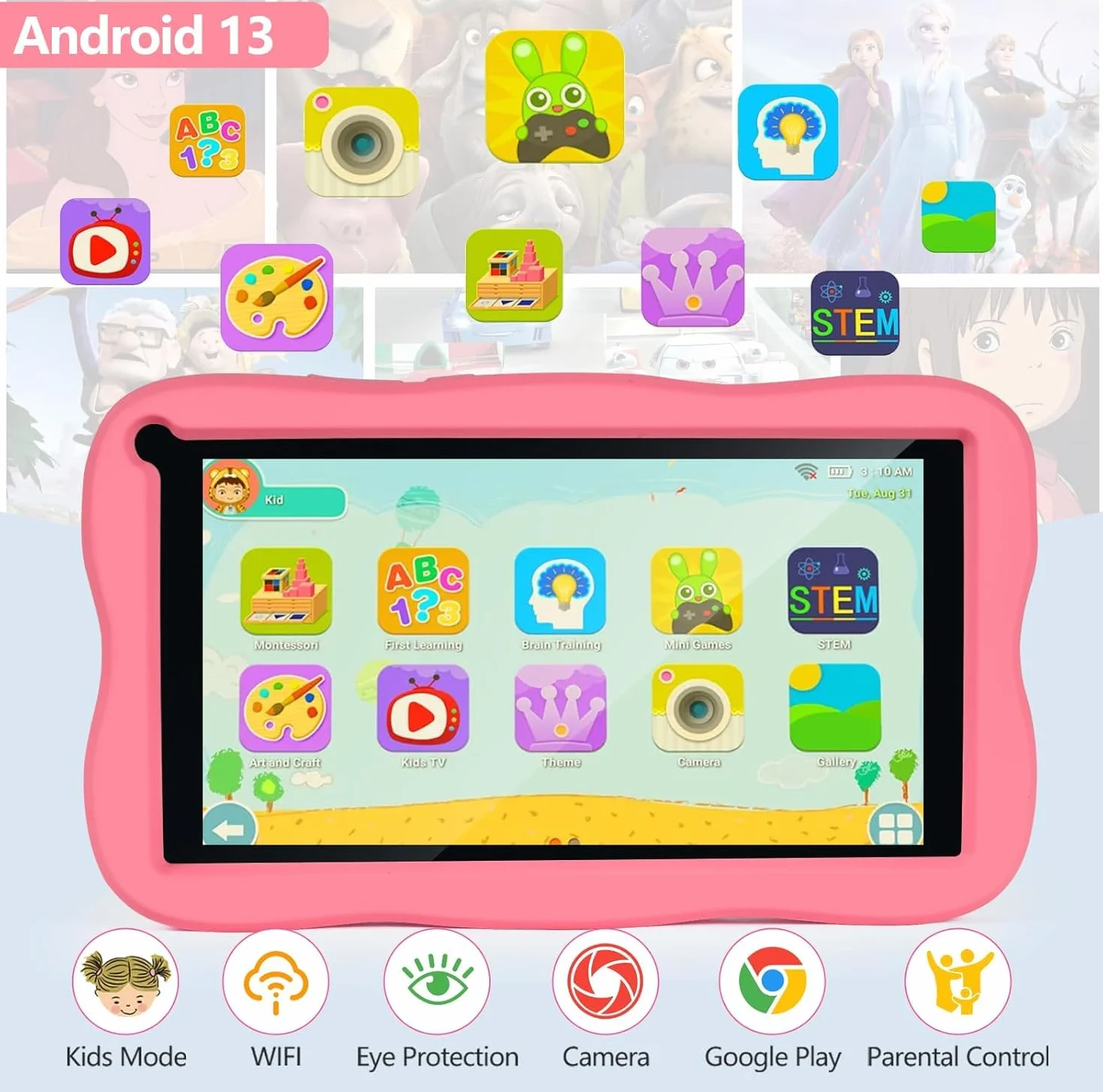 SUMTAB Tablet Bambini 7 Pollici con Controllo Parentale, Android 13 Tablette, 8 GB RAM 64GB ROM (256 GB Estensione) Bluetooth, WiFi,Tablet per Bambini con Custodia(Rosa)