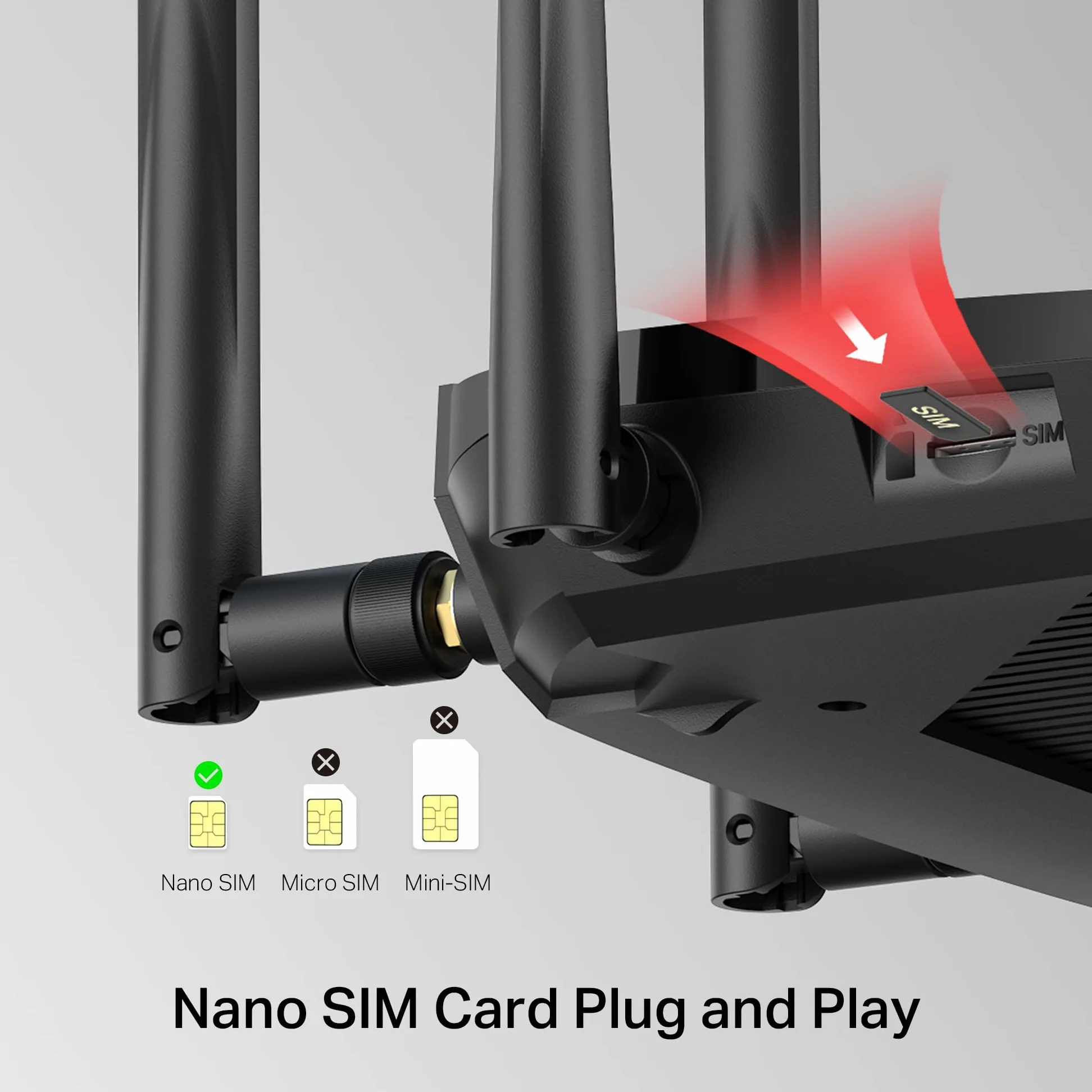 Mercusys MB235-4G Router WiFi con Sim, 4G+ Cat6 AC1200Mbps, 4 Antenne Ad Alto Guadagno, 1 Porta LAN/WAN + 3 Porte LAN Gigabit, WAN Backup, Parental/LED Control, SMS, APP, Plug & Play