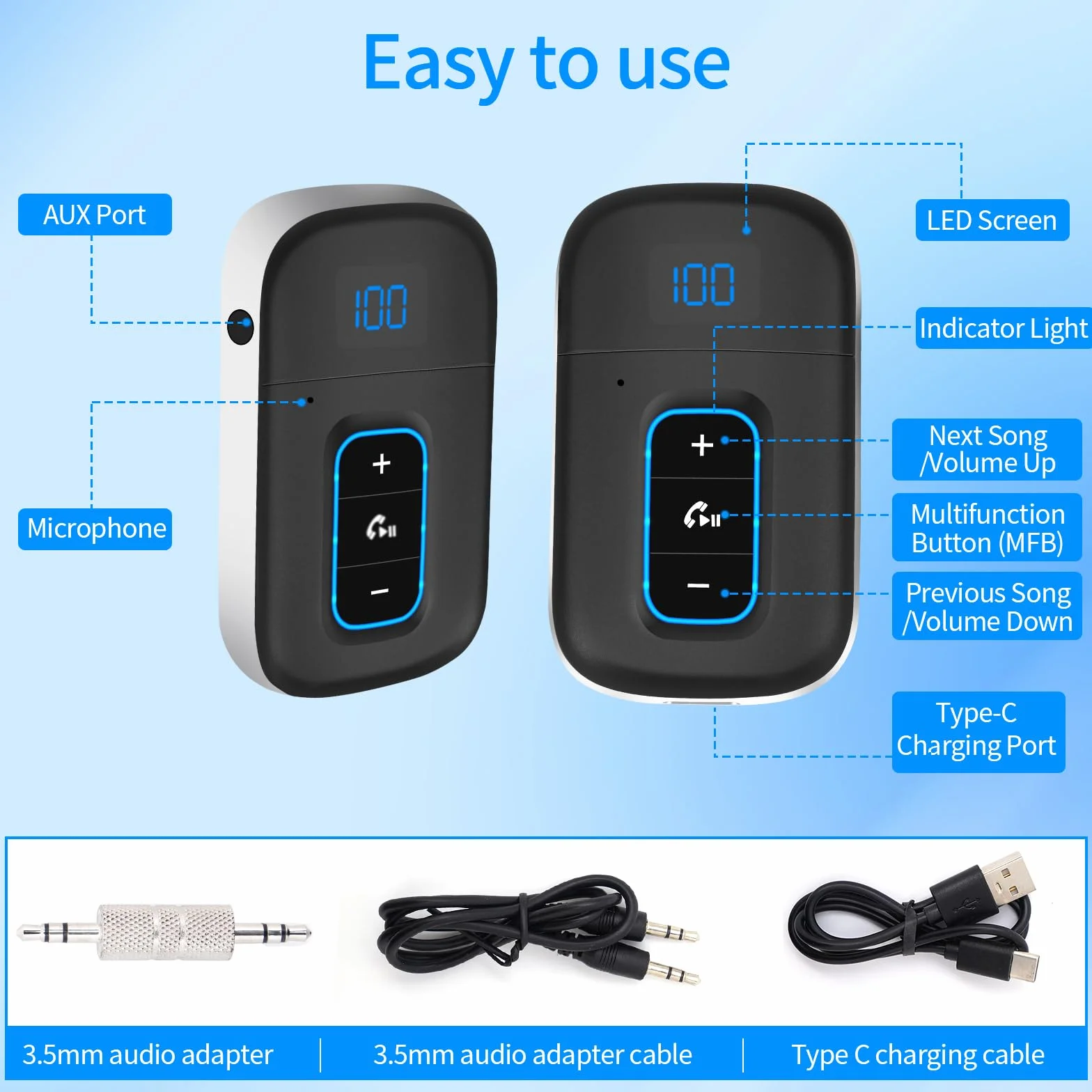 Vemfay Ricevitore Bluetooth Car Jack Adattatore Aux Bluetooth 5.3 Ricevitore per Altoparlanti/Stereo Domestico, Presa Jack Bluetooth Auto Chiamata Mano Libera Dual Collegamento, 16H Autonomia
