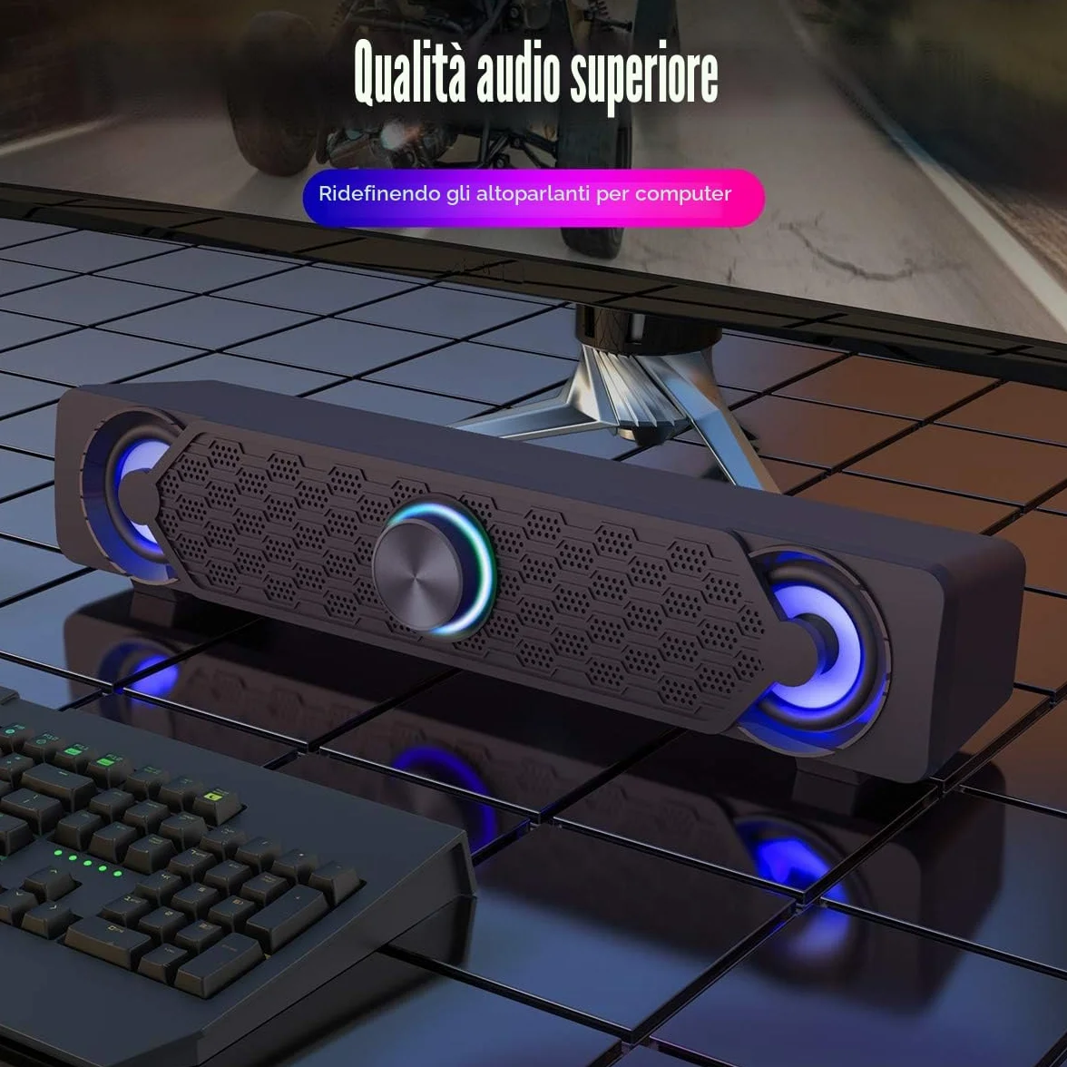 Smalody Altoparlanti PC, USB Soundbar, Altoparlante da Gioco Con Fantastiche Luci LED, Altoparlante Multimediale Perfetto per Giochi per PC, Computer, Desktop, Laptop