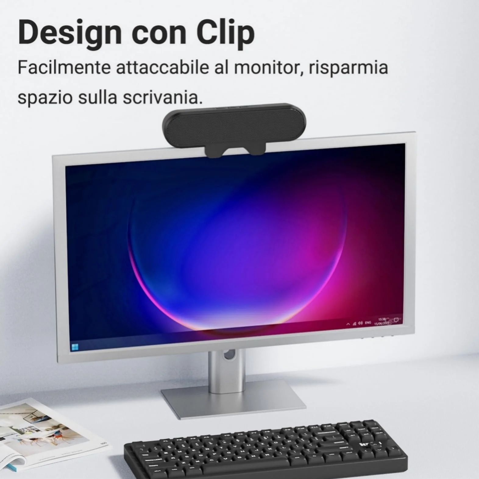 Inwa Altoparlante per PC, Monitor USB con Clip on, 10 W con Audio HD, Clip per 5-30MM Monitor, Altoparlante per PC, Laptop, Cellulare, Desktop, Outdoor, Plug and Play (Nero)
