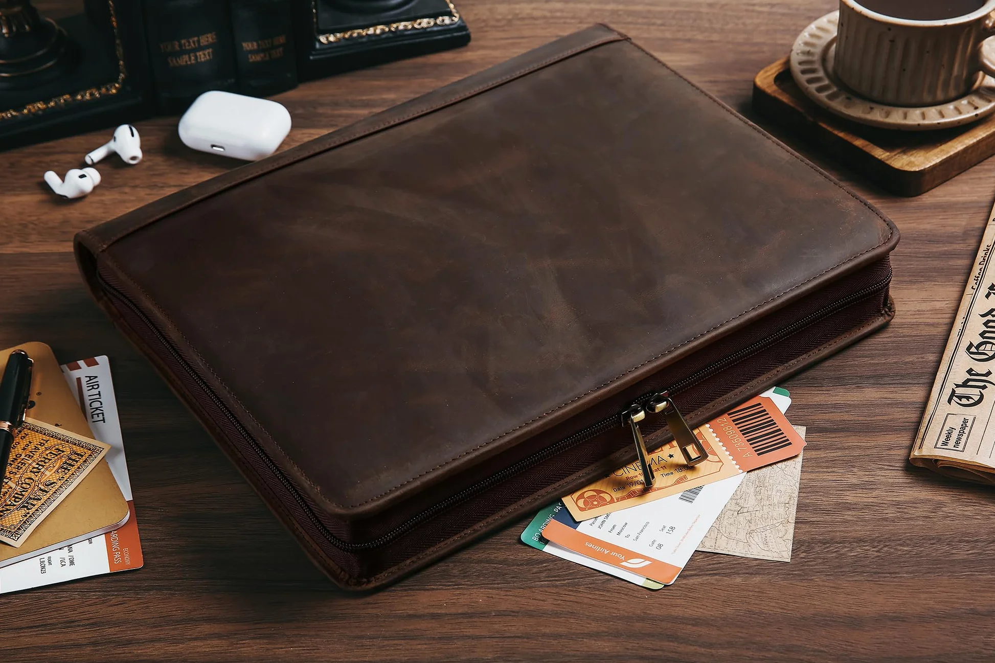 Portadocumenti fatto a mano in vera pelle per iPad/documenti, business padfolio con porta blocco note in pelle A4, cartella compatta in pelle per conferenze per uomini e donne, cachi scuro