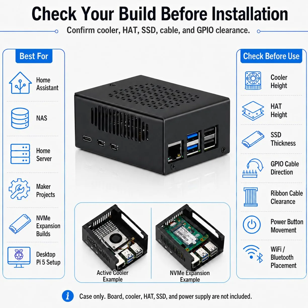 Custodia in metallo per Raspberry Pi 5, supporto Pi 5 Active Cooler, spazio per cappelli, schede aggiuntive, refrigeratore e cappelli NVMe (nero)
