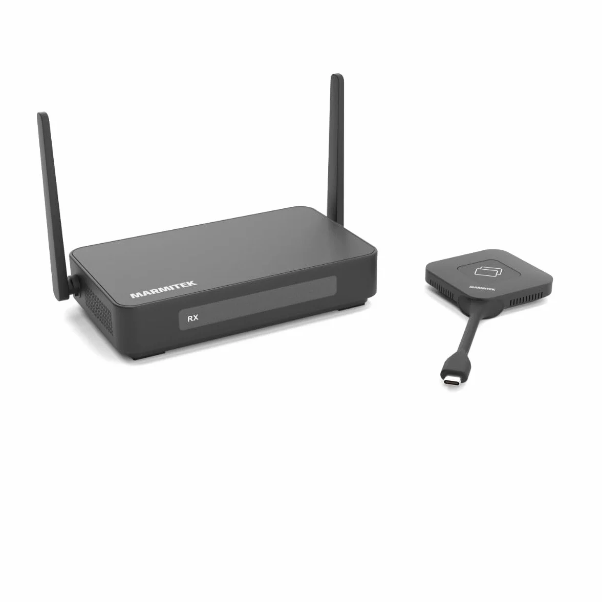 Sistema di presentazione HDMI 4K wireless Marmitek Stream 4K Pro KIT 1TX/1RX - Senza software né Wi-Fi - Dongle USB-C & ricevitore, split screen, touchback, PoE - Doppia HDMI - BYOD mirroring