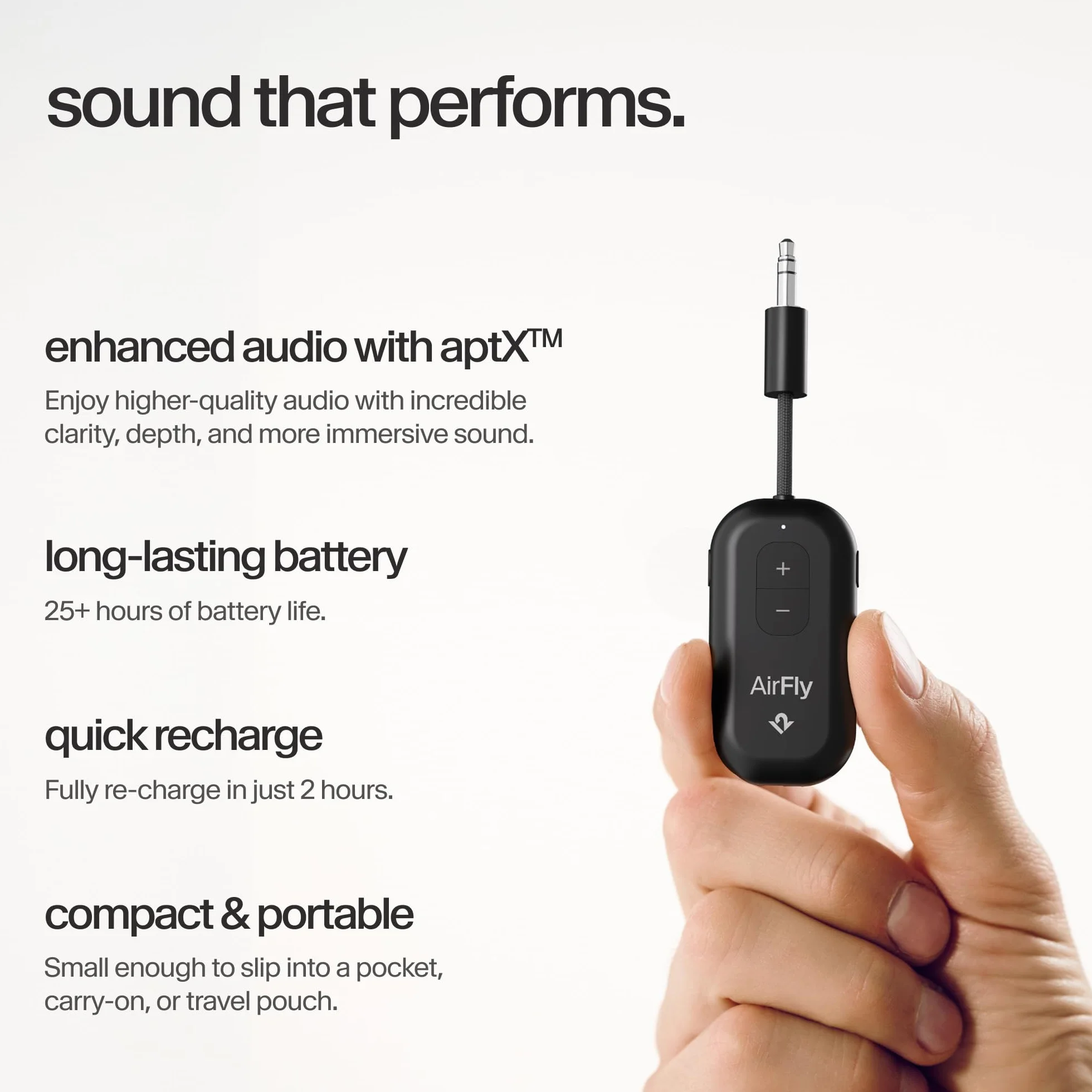 AirFly Pro 2 - Adattatore Bluetooth per aereo, coppia 2 AirPods o cuffie wireless - Trasmettitore e ricevitore Bluetooth AUX da 3,5 mm per auto, barche, tapis roulant, TV, accessori essenziali da