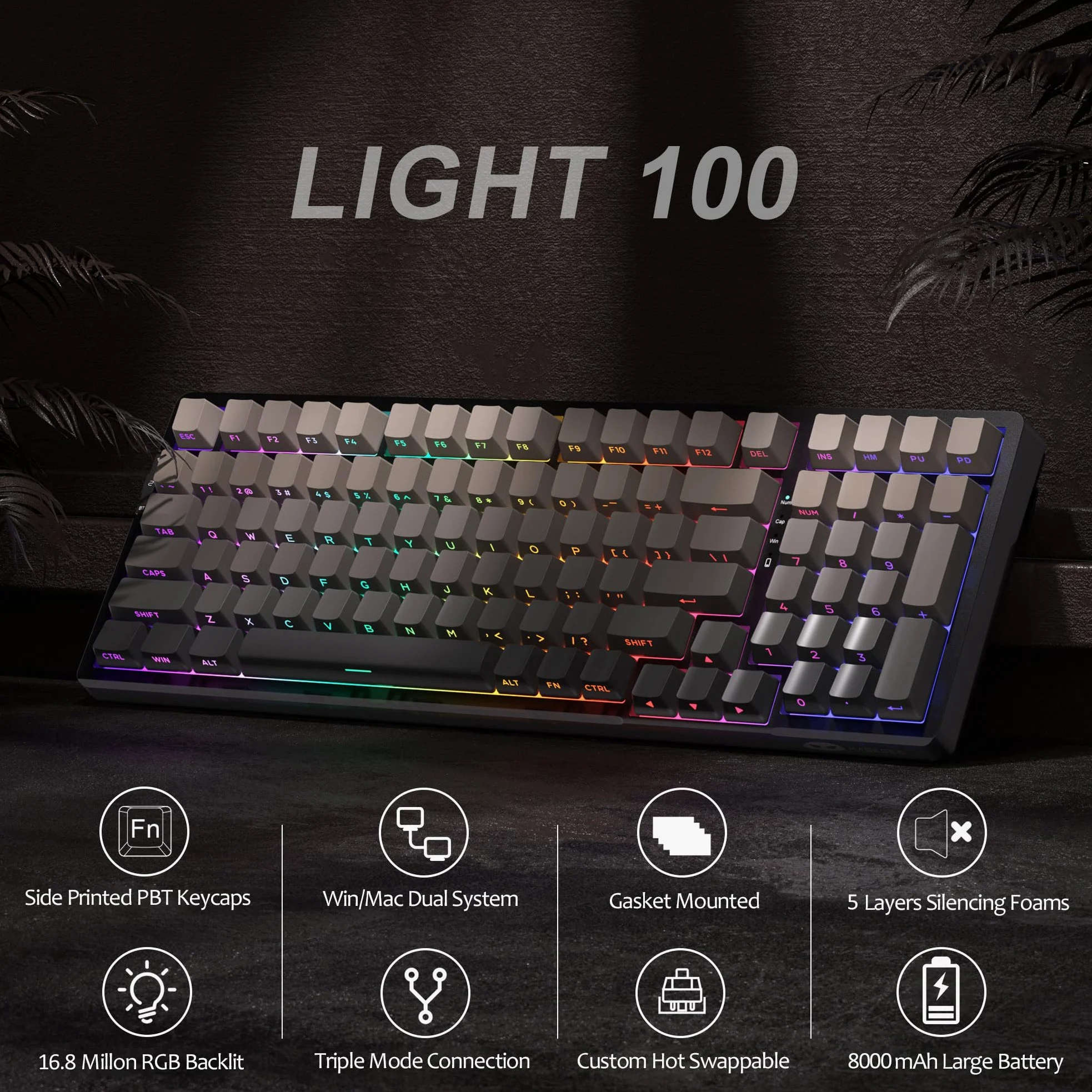 MageGee Tastiera Meccanica Gaming | 8000mAh 2,4 GHz/Bluetooth/USB-C RGB, Anti-ghosting, Tastiera Retroilluminata LED RGB Per PC, Computer, Laptop, Mac (Grigia - 8000mAh)
