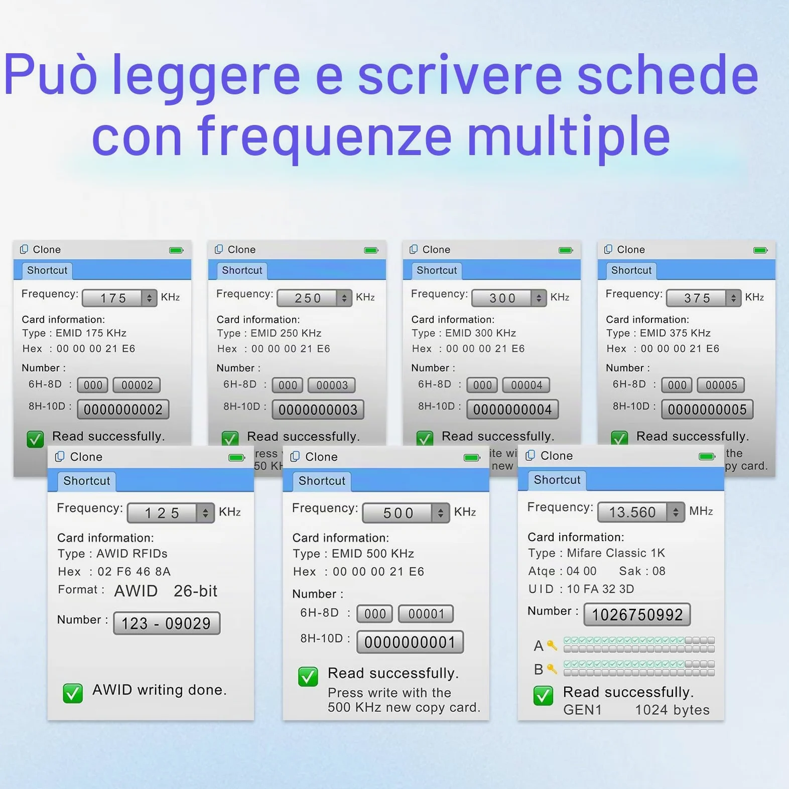 X7 NFC RFID Card Copier Reader Writer Duplicatore per controllo accessi fibbie ID 125KHz e schede IC da 13,56 MHz con 5 schede UID, 5 portachiavi UID e 5 portachiavi T5577