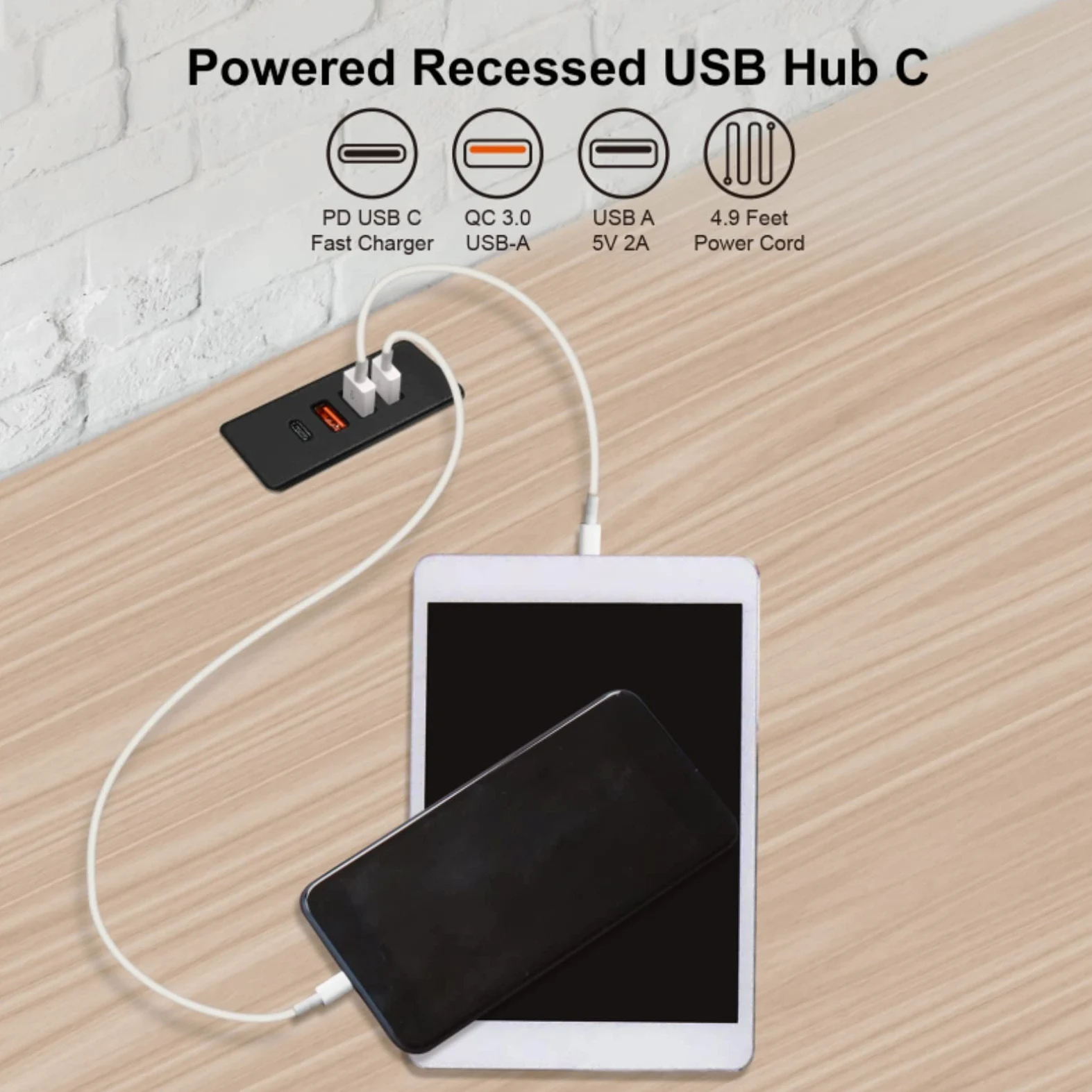 Alimentazione USB C Hub Presa da incasso USB C Ciabatta con Ricarica Rapida 4 porte USB 20 W Montata a letto Scrivania Divano (Nero)