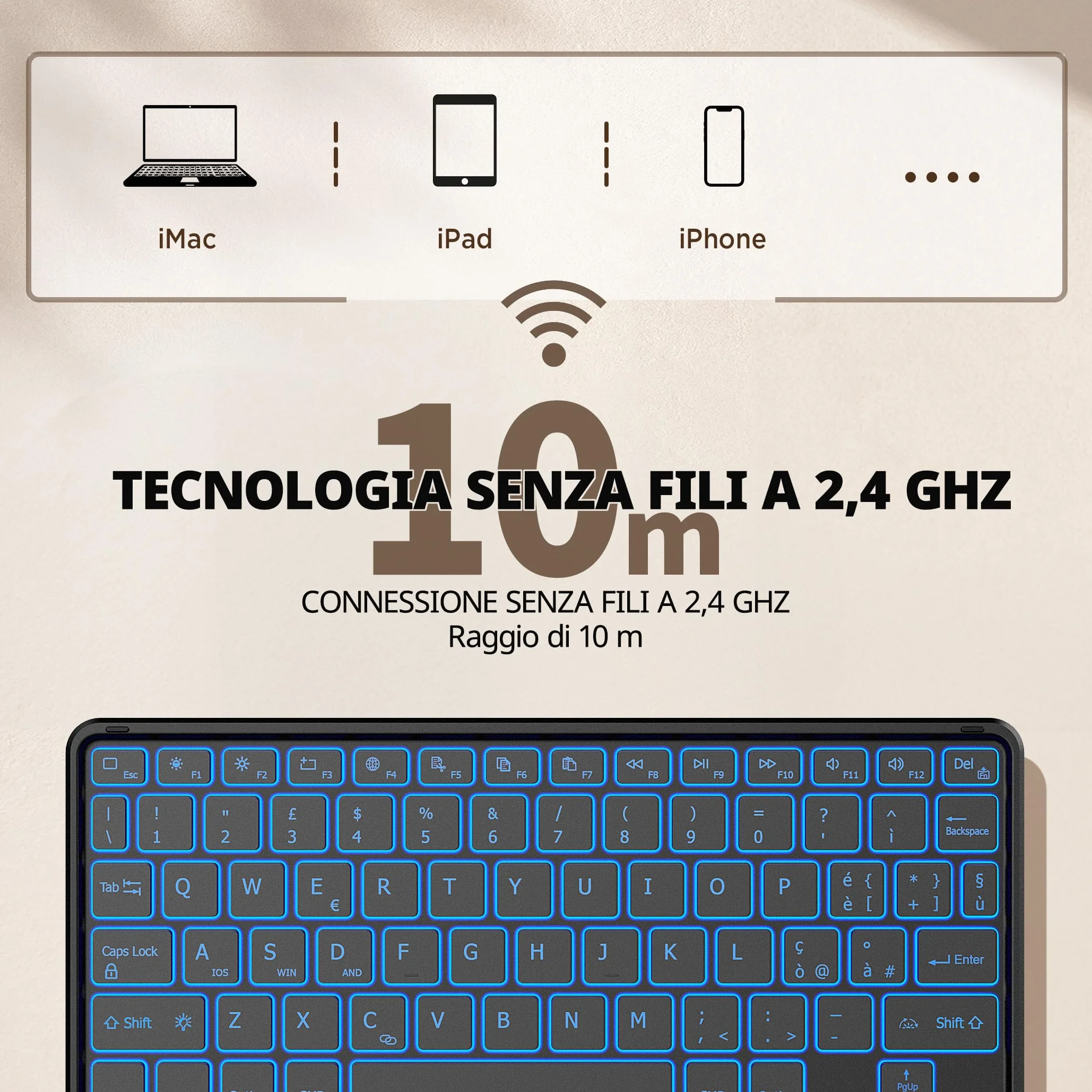 CACOE Tastiera Bluetooth Senza Fili Ultra Sottile con Multi Touch Integrato Touch Pad con Android IOS e Windows, 7 Colori Retroilluminate, Tastiera Senza Fili, Layout Italiano, Nera