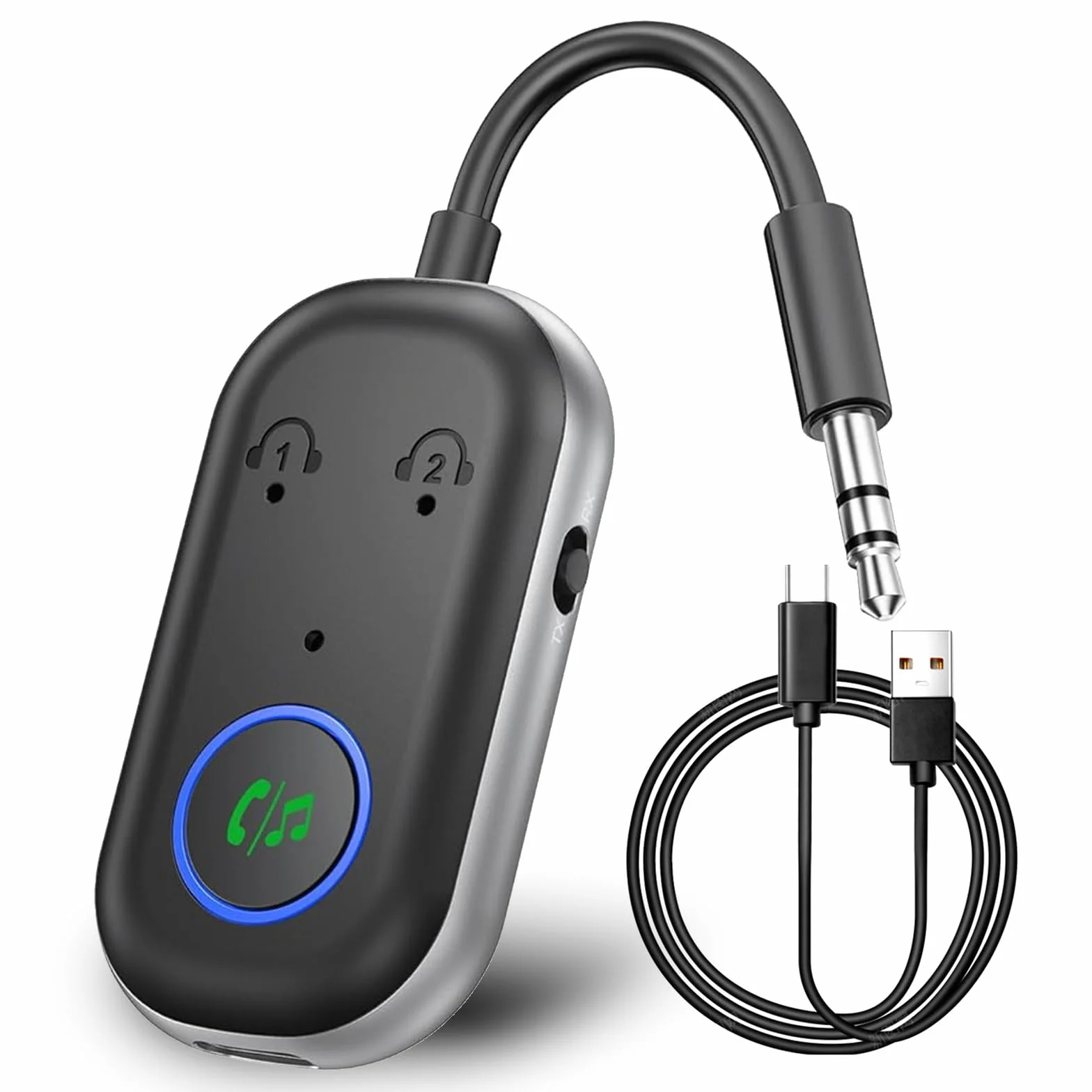 GIBOHOM Trasmettitore Bluetooth 5.3, Adattatore Bluetooth 2-in-1, Adattatore Cuffie Aereo Supporta 2 Auricolare, 3.5 mm AUX Jack Trasmettitore per TV, Telefono Mobile, Car Audio Systems, Palestra