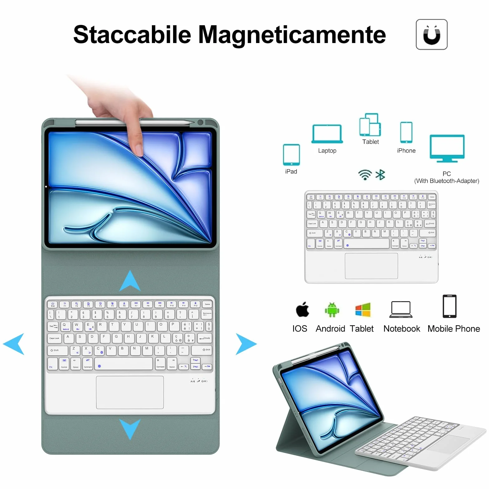 WINCHKING Cover Tastiera per iPad Air 11 M4 2026/M3 2025/M2 2024 con Touchpad, Italiano QWERTY, Custodia con Bluetooth Rimovibile Tastiera per iPad Air 11 Pollici M4/M3/M2, Verde scuro