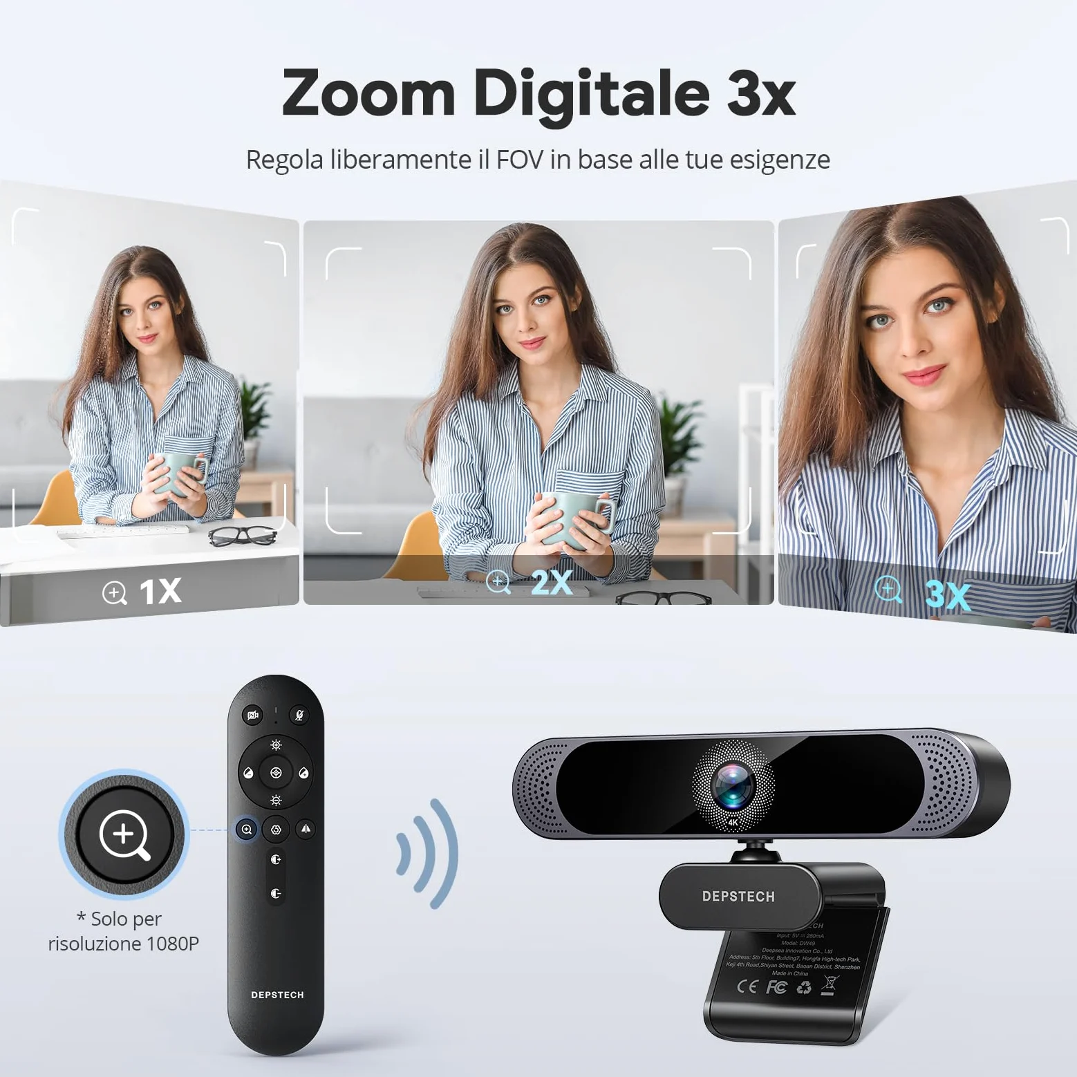 DEPSTECH DW49 PRO, 4K Webcam PC con Microfono, Web Camera e Zoom Ottico 3X, Autofocus, Correzione Automatica Luminosità, Microfono Riduzione Rumore Compatibile con WhatsApp, Facebook, Twitter, PC, Mac