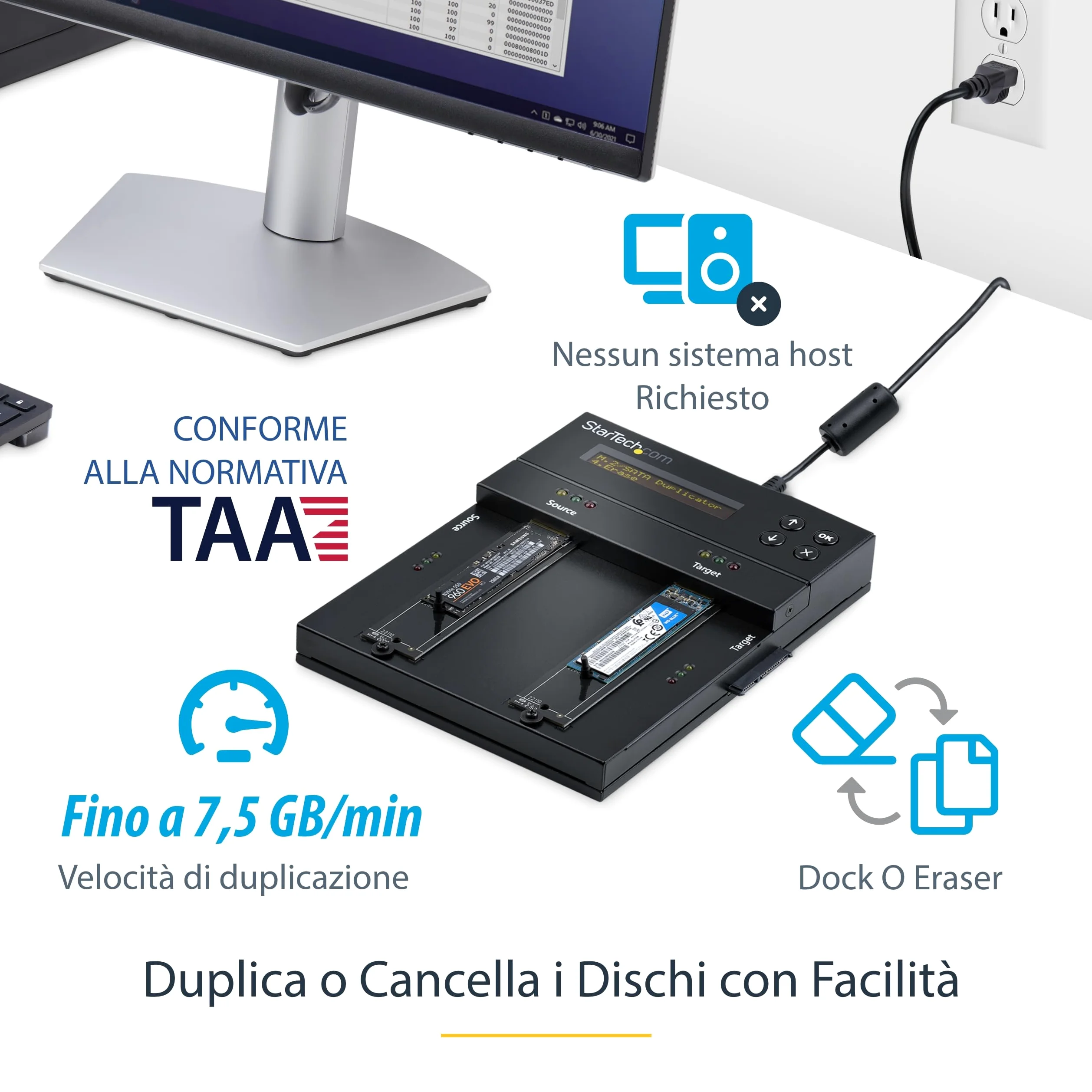 StarTech Duplicatore Eraser M.2 SATA/NVMe e SATA 2,5/3,5" 2 Baie 7,5GB/min | Display OSD Integrato, Compatibile M.2 PCIe, Funziona con Hard Disk e SSD, Indipendente da PC