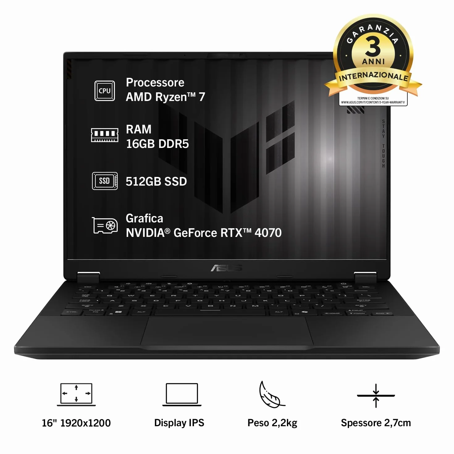ASUS TUF Gaming A16 (2026) con NVIDIA GeForce RTX 4050, AMD Ryzen 7 170, 16" IPS 144Hz, 16GB RAM, 512GB SSD, WIN11 Home, Layout ITA, Grigio