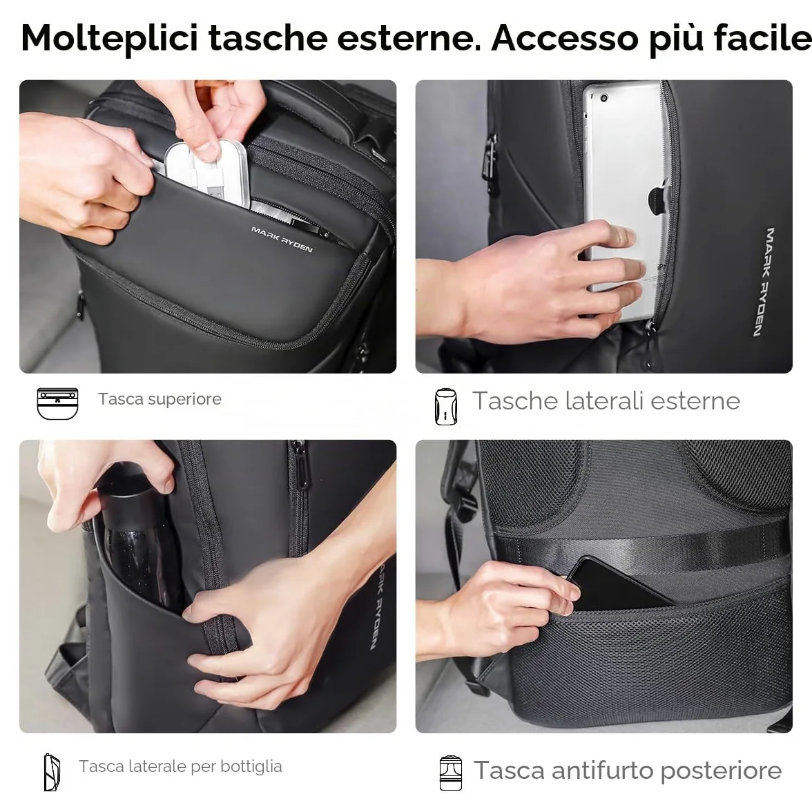 MARK RYDEN Zaino Grande capacità e impermeabile per gli uomini d'affari con porta di ricarica USB per i viaggi scolastici pack escursionismo per laptop sotto i 17,3 pollici