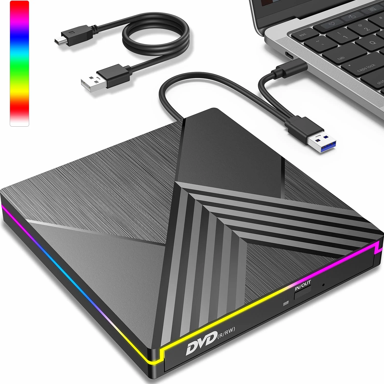 Masterizzatore DVD CD Esterno, USB 3.0 Type C Lettore CD DVD Esterno per PC Portatile, CD/DVD +/-RW Drive RGB Unità CD DVD Esterna per PC Laptop Desktop MacBook Mac OS Win11/10/8/7/XP Linux Vista