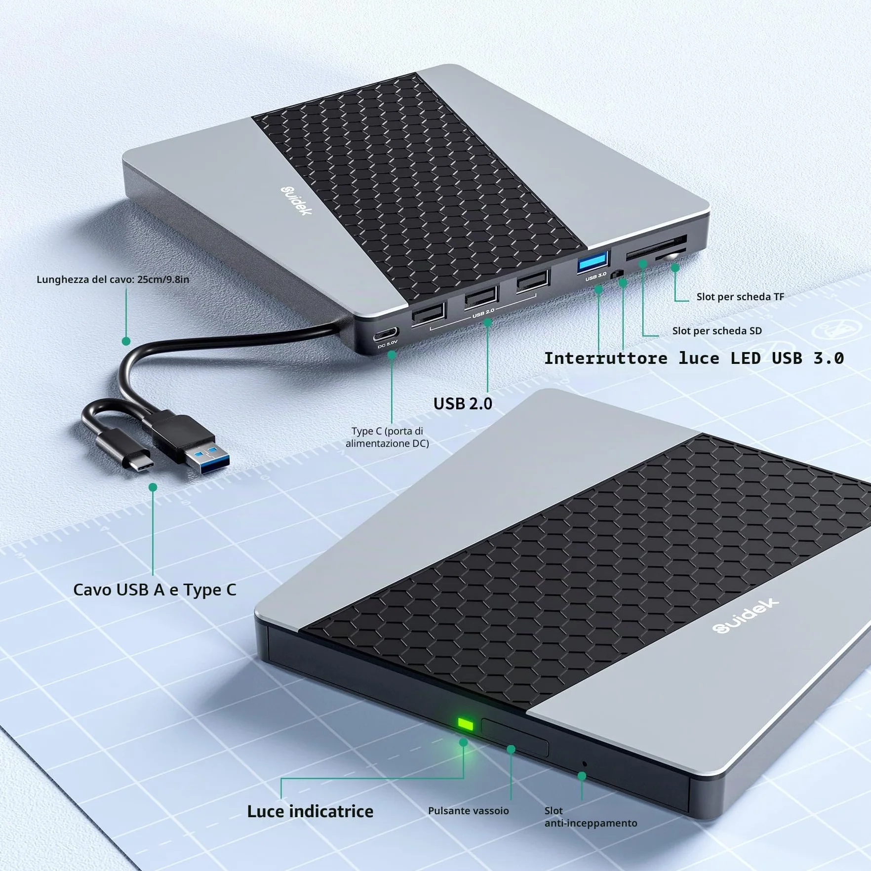 SUIDEK Unità CD/DVD esterna, USB 3.0 USB C portatile CD DVD +/-RW masterizzatore DVD con lettore di schede SD/Micro SD 7 in 1 Hub compatibile con computer portatile, Mac, PC, Windows Linux