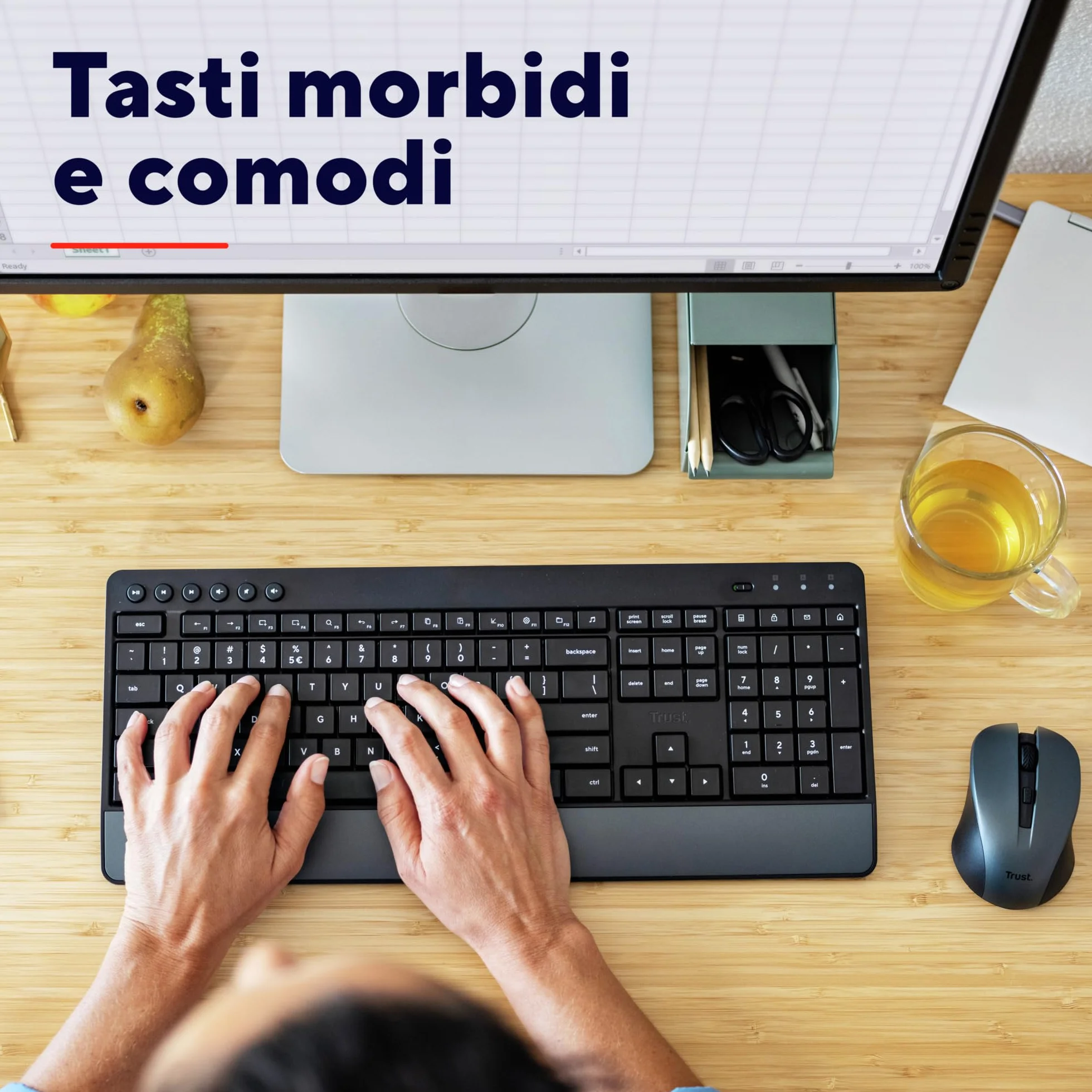 Trust Trezo Tastiera e Mouse Wireless, Layout Italiano QWERTY, Design Sostenibile, Combo Silenzioso e Ergonomico, Durata Batteria 48 Mesi, 2.4 GHz, Ricevitore USB, Resistenza ai Liquidi, PC, Laptop