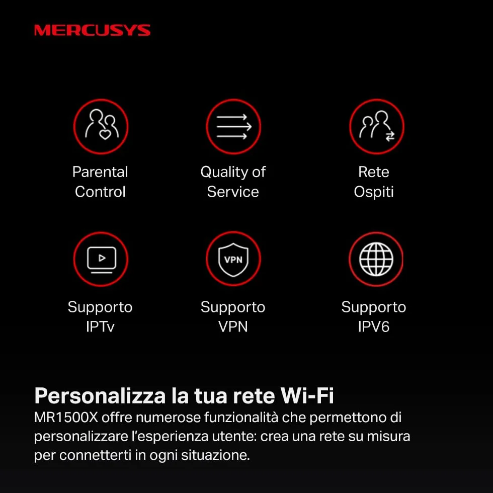 Mercusys TP-Link MR1500X AX1500 Router WiFi 6 Dual-Band, Porta Gigabit, 4 Antenne Ad Alto Guadagno, Parental Control, Rete Ospiti, OFDMA, MU-MIMO, VPN,non supporta xDSL