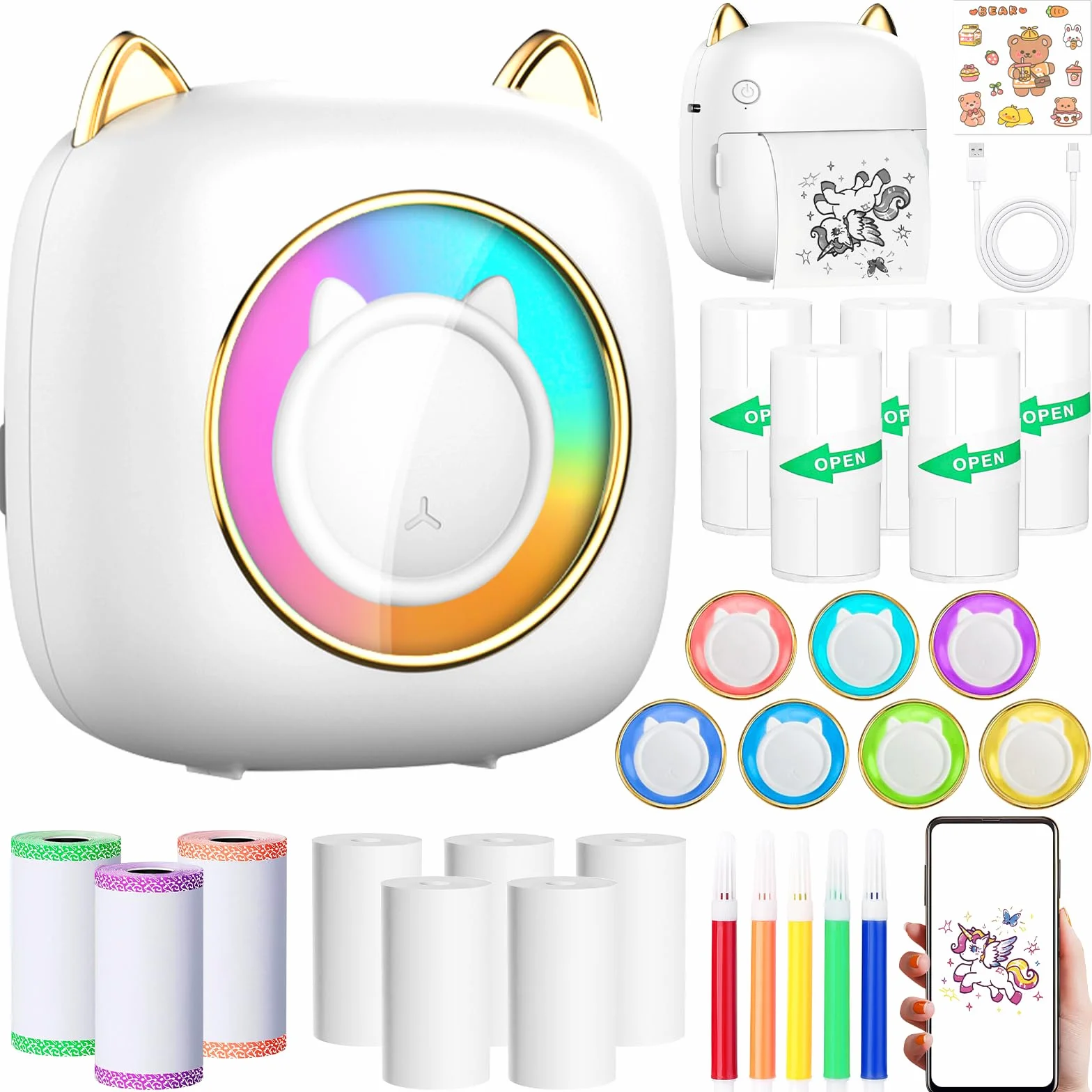 Mini Stampante Fotografica, Mini Stampante Termica, Stampante Fotografica Istantanea Bluetooth Portatile con Ricarica USB & 14 Rotoli di Carta, per Studio, Note, Diario, Elenco, Bianco