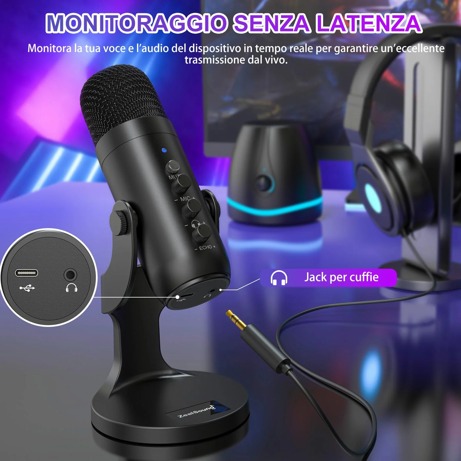 zealsound Microfono PC, Microfono a Condensatore per Phone Pad Computer, Laptop, Telefono, Muto, Echo, Riduzione del rumore, Cardioide Mic per Streaming, ASMR, Gaming, Podcast, YouTube, Twitch, nero