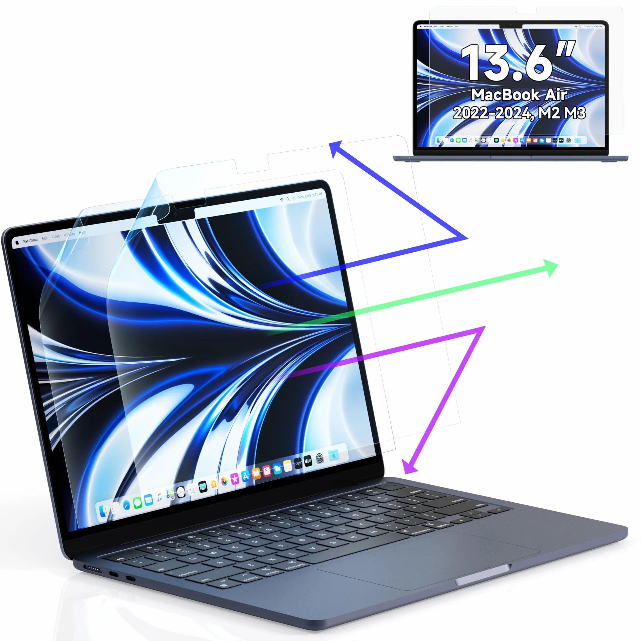 2 Pezzi Pellicola Protettiva Anti Luce Blu per MacBook Air 13.6 Pollici (2022-2025,M2,M3,M4), Protezione Schermo Laptop per Occhi Pellicola Protettiva Antigraffio per Mac Air 13 2024