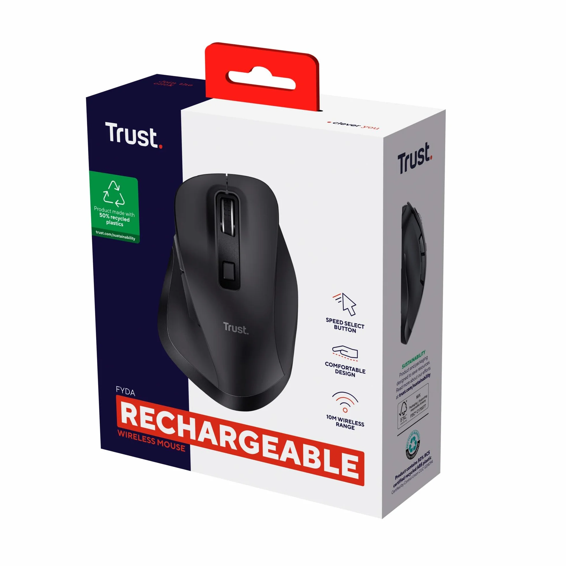 Trust Fyda Mouse Wireless Ricaricabile, Design Sostenibile, 800-2400 DPI, 6 Pulsanti, 2,4 GHz, Ricevitore USB, Mouse Ergonomico senza Filo per Laptop, PC, Computer, Macbook, Ufficio - Nero