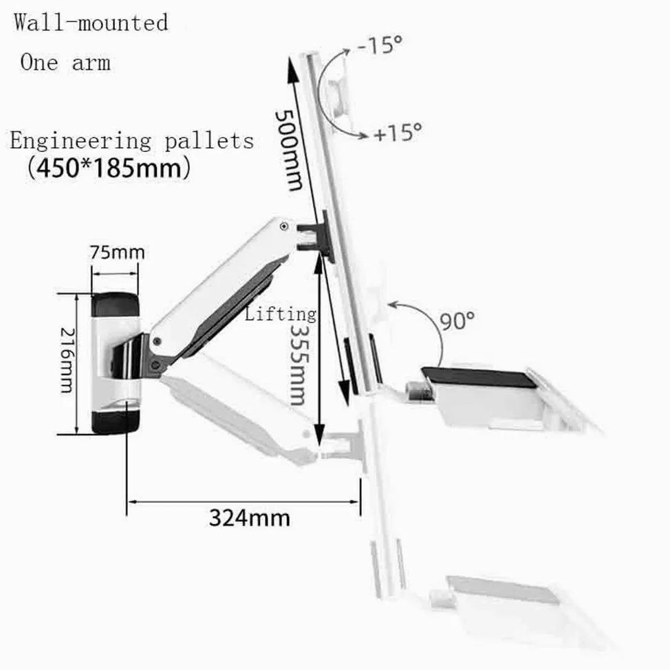 Supporto da Parete per Monitor da Ufficio, Bianco, con Braccio Singolo E Vassoio Integrato, per Schermi da 15 A 27 Pollici. Accessorio da Scrivania.