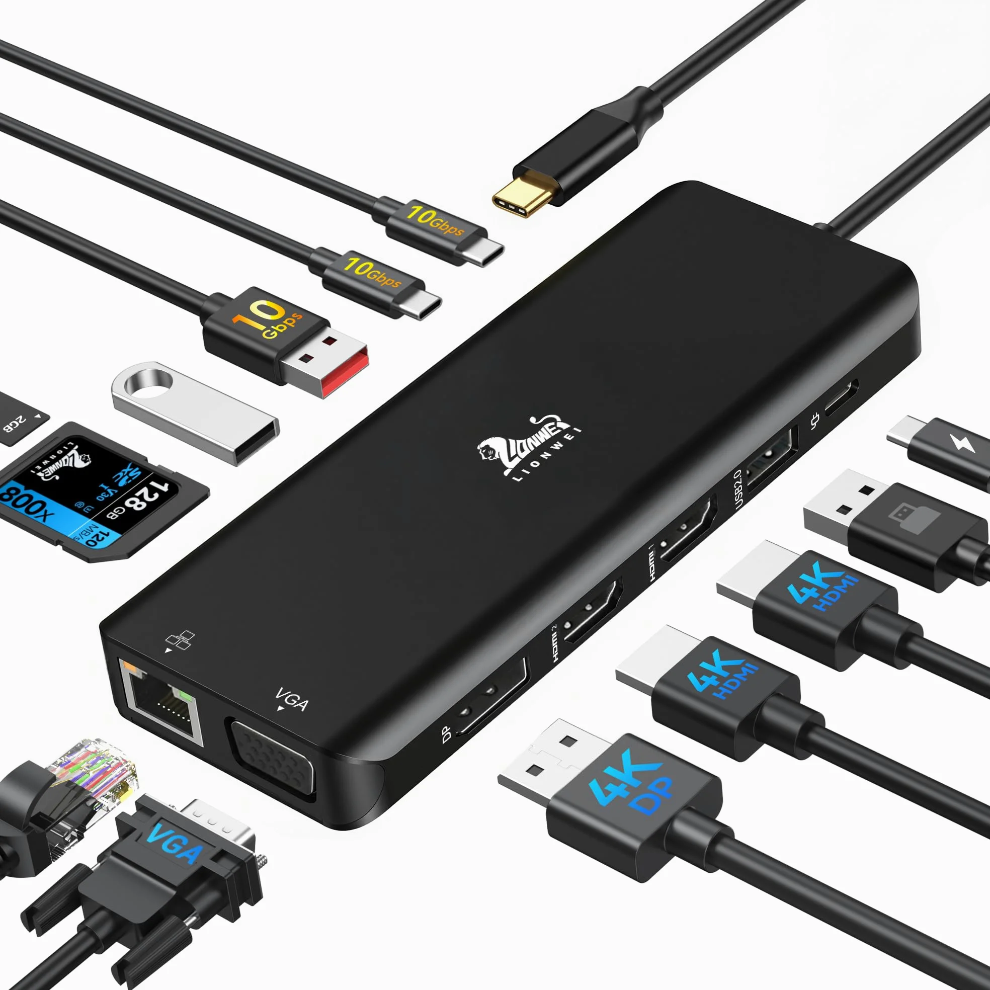 USB C Docking Station 3 Monitor 13 in 1 Hub USB-C con 2 HDMI 4K@60Hz, 8K@30Hz DisplayPort, VGA, 3 USB 3.1 10Gbps, PD 100W, Gigabit Ethernet, adattatore multi-monitor per MacBook Dell HP, nero