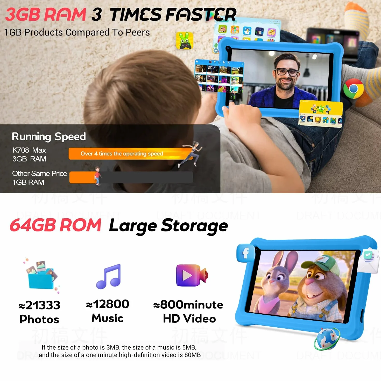 Tablet per Bambini 7 Pollici 8GB RAM 64GB ROM (TF CARD 128GB) Google Certificated Wifi Tablet PC con Custodia Protettiva Antiurto