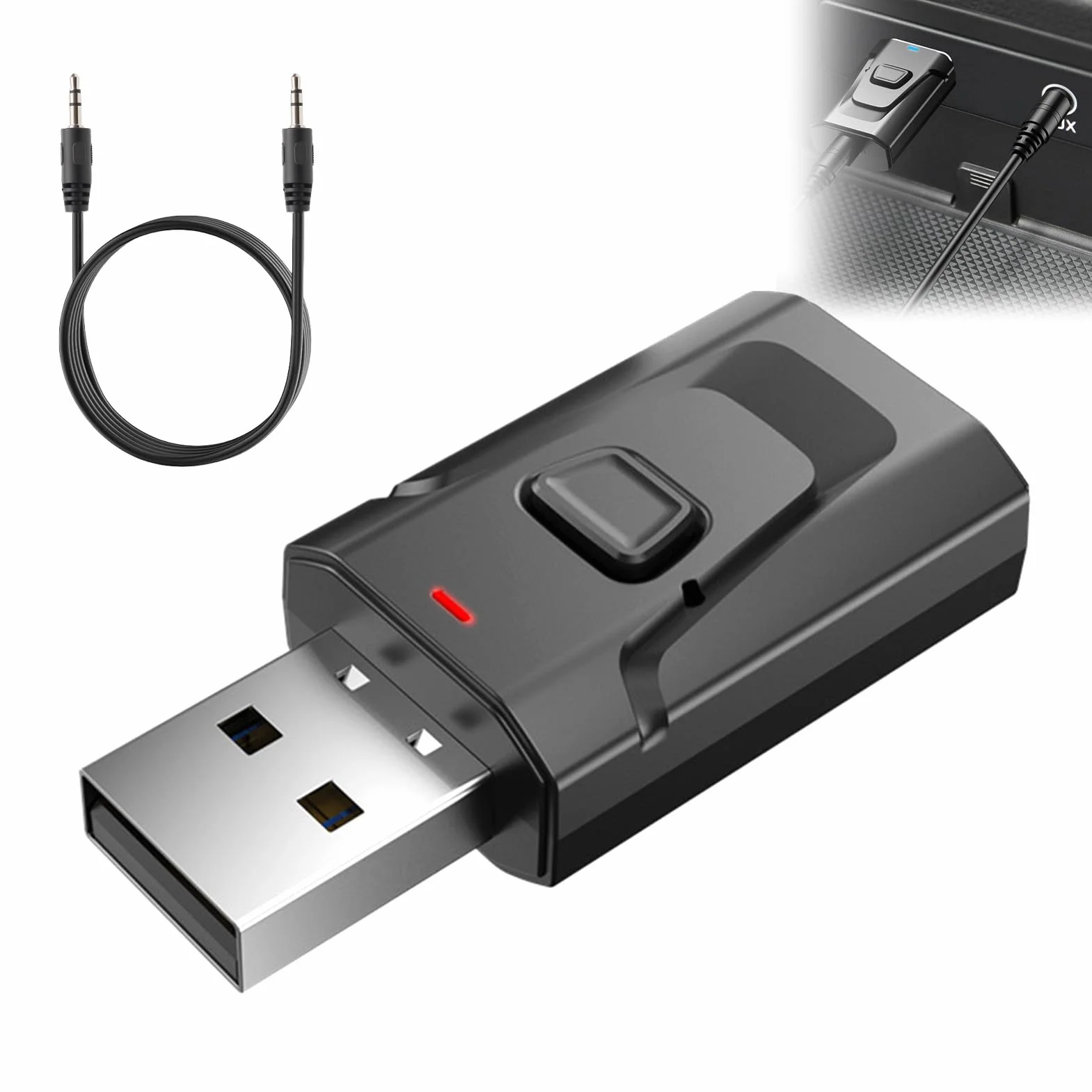 Adattatore Bluetooth USB 5.0 2 in 1 (trasmettitore e ricevitore), audio stereo wireless con jack da 3,5 mm per TV, PC, auto, altoparlanti, cuffie, vivavoce, senza latenza