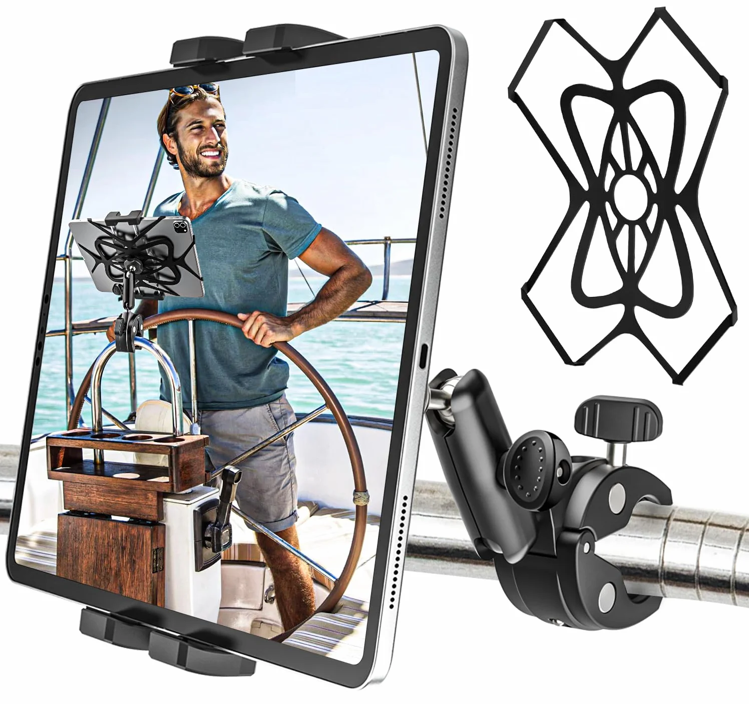 Supporto Tablet Barca Metallo Robusto, Supporto iPad Barca a Vela Yacht con Braccio in Alluminio, Palo Barra Tubo Manubrio Morsetto Bicicletta per Tablet e Telefono, 4-13" (Con Cinghia Anticaduta)