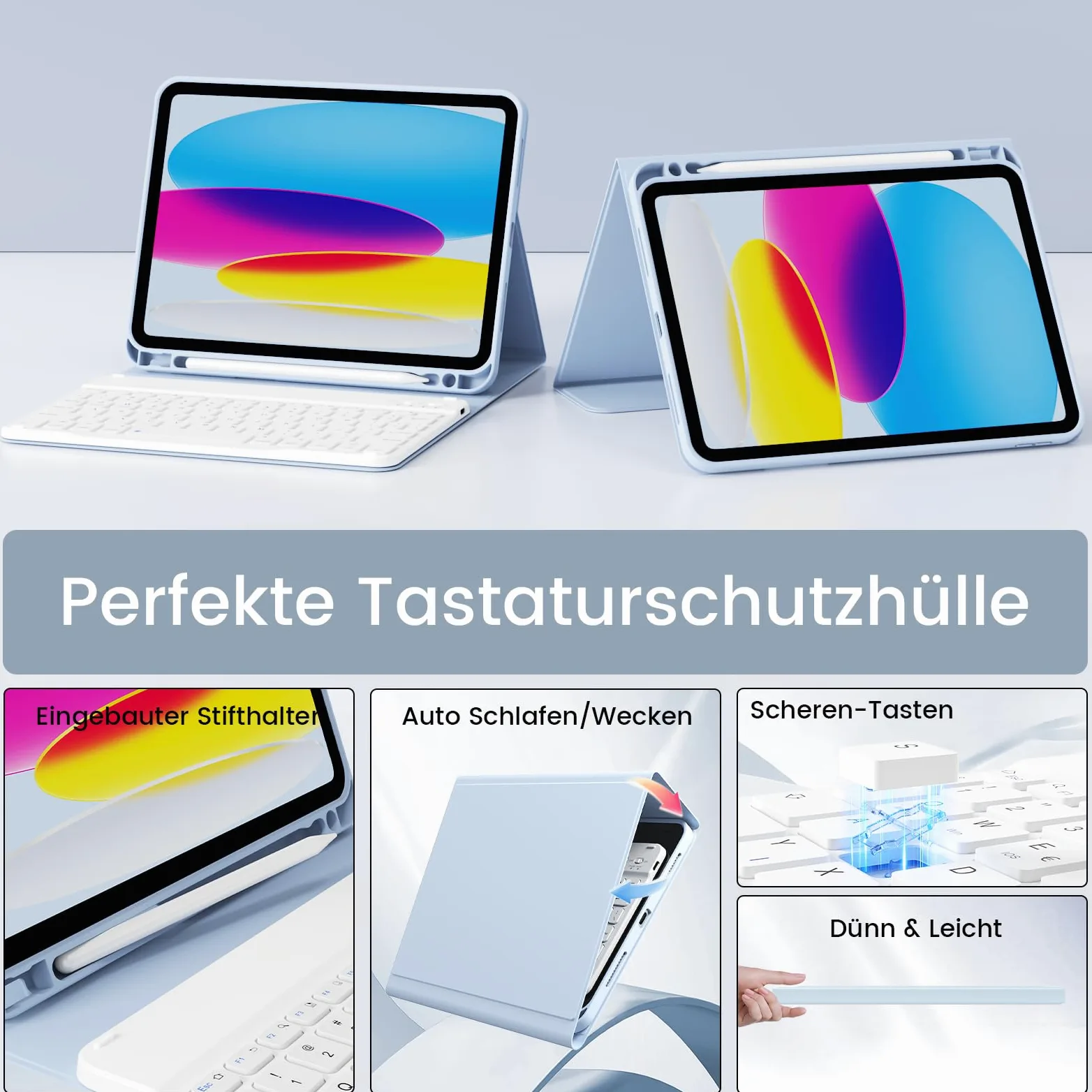 Custodia con Tastiera per iPad Air 11 Pollici 2025 2024 (M3/M2), iPad Air 5 4 2022/2020 10,9 Pollici, Cover Morbida TPU con Supporto per Penna, Tastiera Folio Magnetica Rimovibile, Blu Chiaro