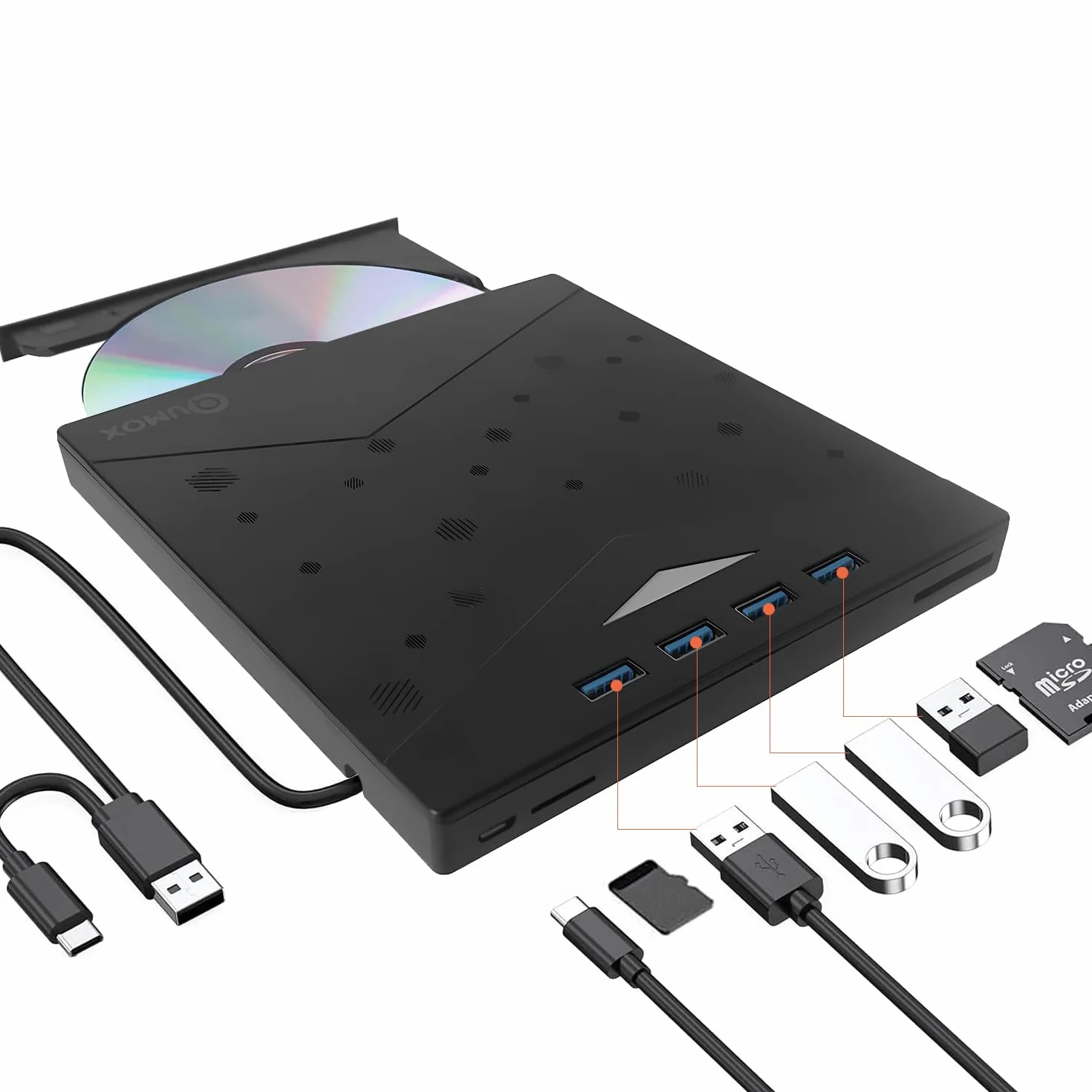 QUMOX Masterizzatore Esterno CD/DVD USB 3.0 con Hub 8-in-1, 4 Porte USB, Lettori Schede SD/TF, Ultra Sottile per PC/Mac/Linux, RGB