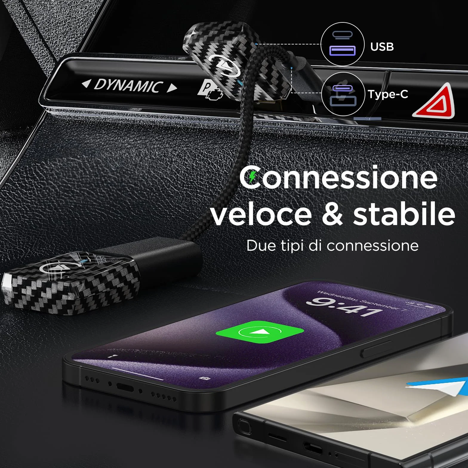 MSXTTLY Adattatore Android Auto Wireless, Carplay Wireless per iPhone 17-12 & Android 11+, Bluetooth 5.3, Dual Core WLAN 5.8GHz, Veloce e Stabile