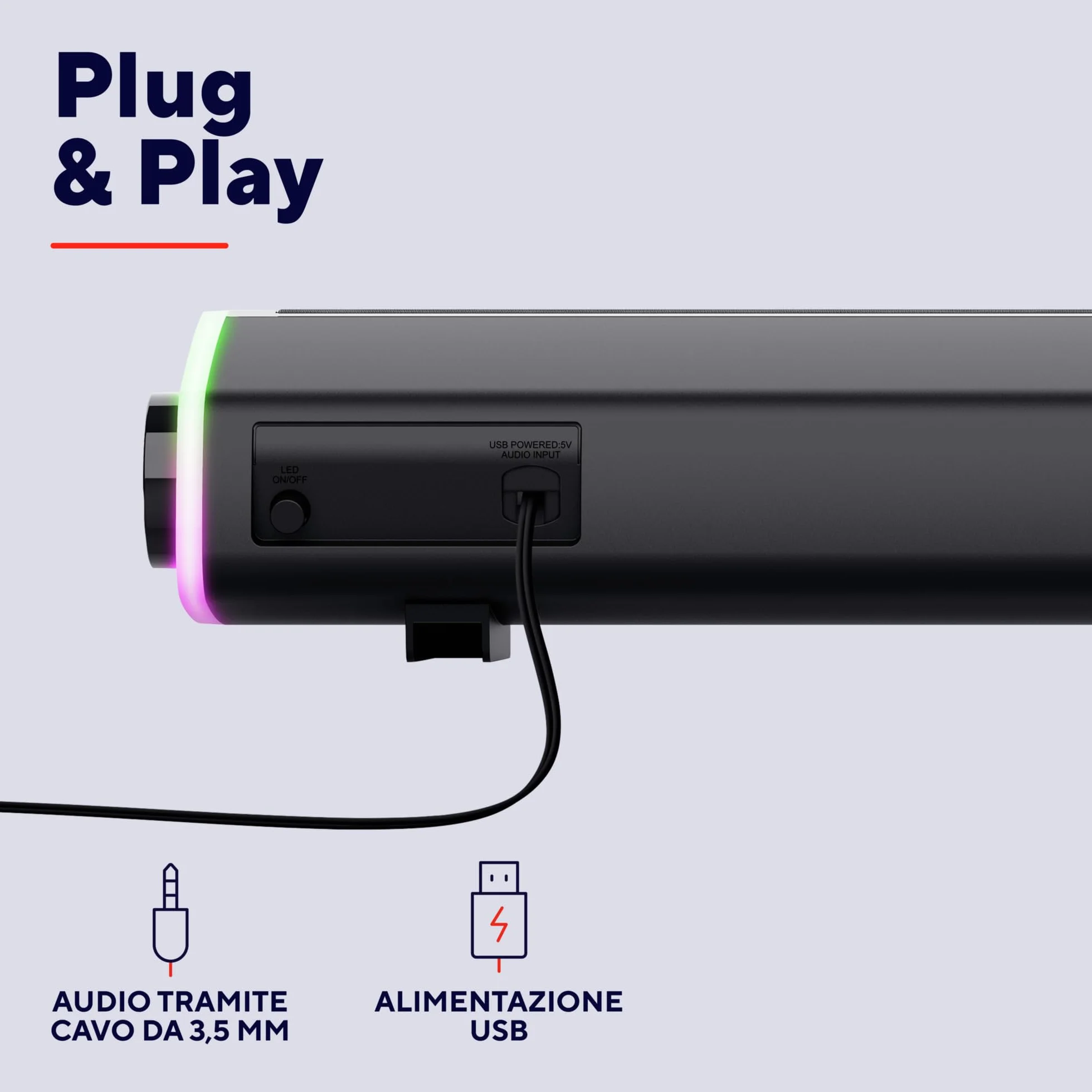Trust Liro Soundbar PC 12W, Stereo Speaker con Illuminazione LED RGB, Sound Bar Jack AUX 3.5 mm, Casse PC con Alimentazione USB, Altoparlanti per PC Laptop Desktop Tablet Smartphone TV, Nero